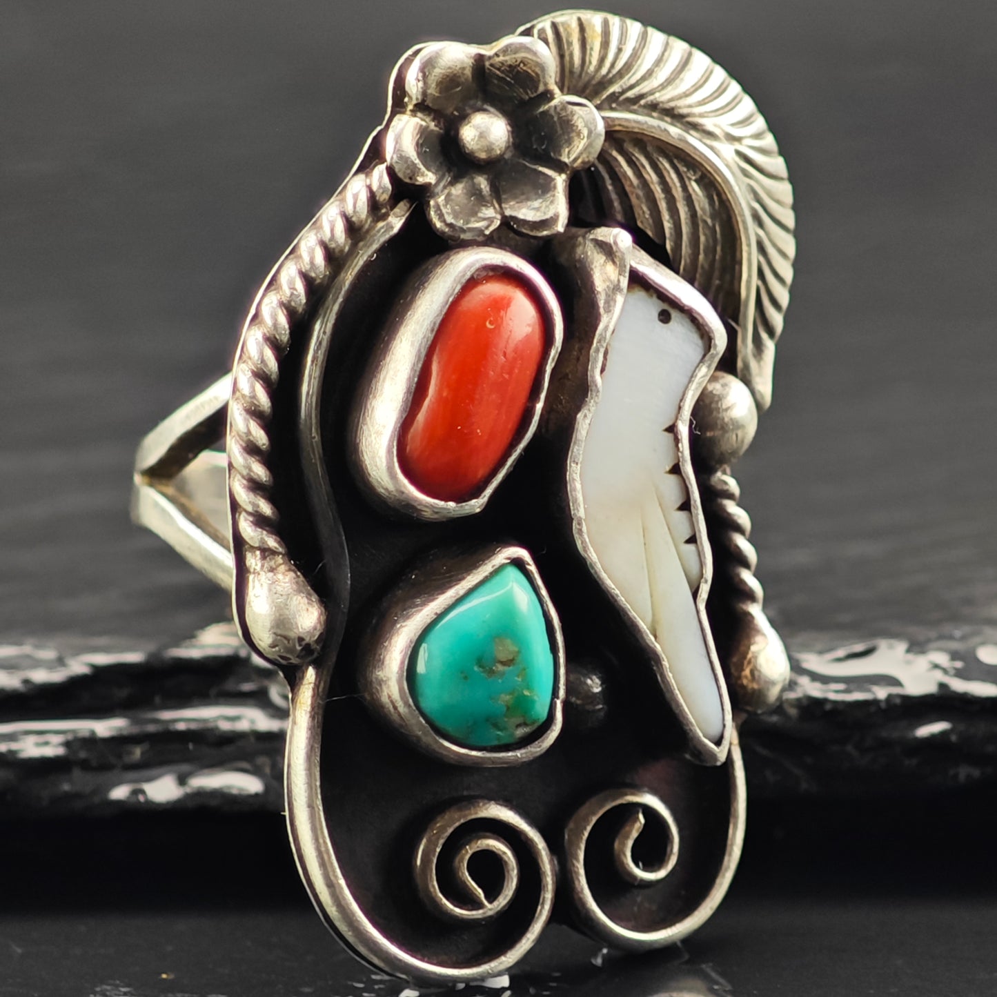 Signed Navajo Bird Floral Ring Sterling Silver Sz 8 1/2 R6423