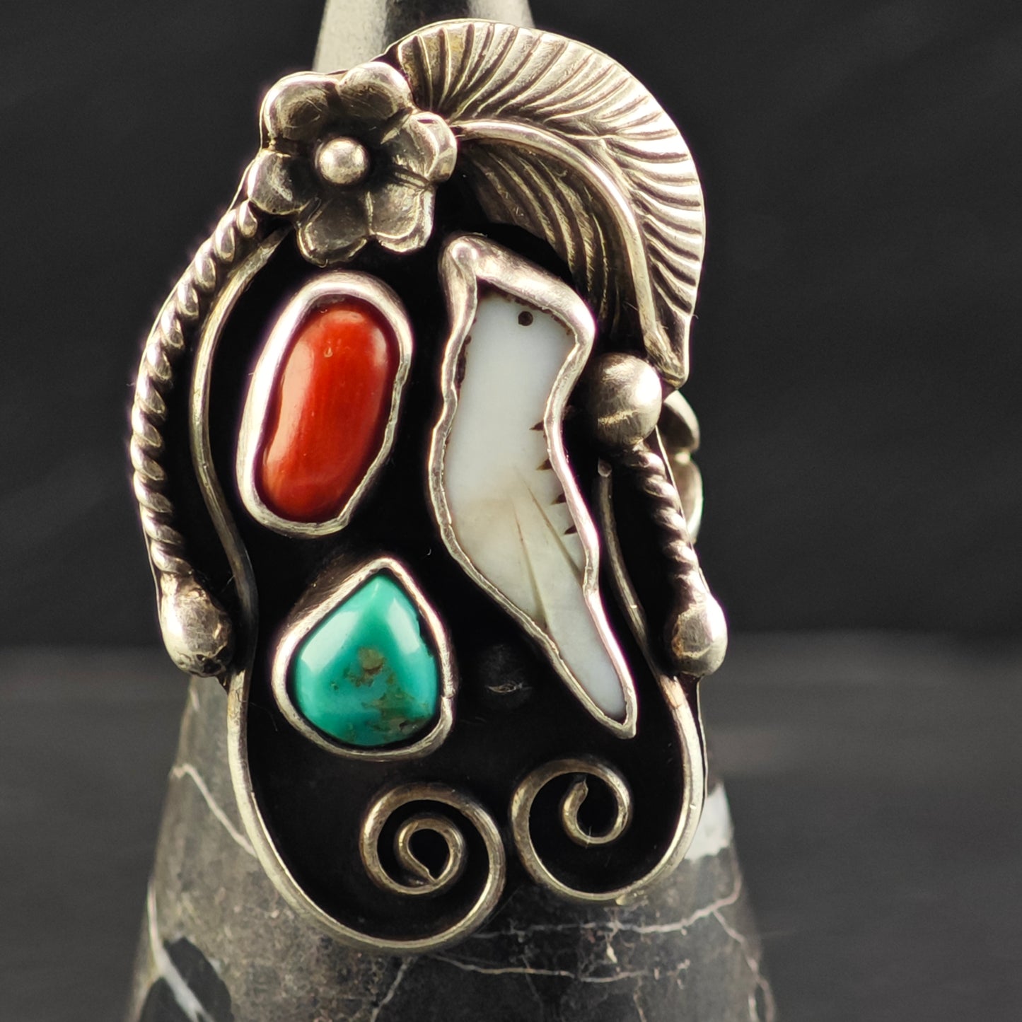 Signed Navajo Bird Floral Ring Sterling Silver Sz 8 1/2 R6423