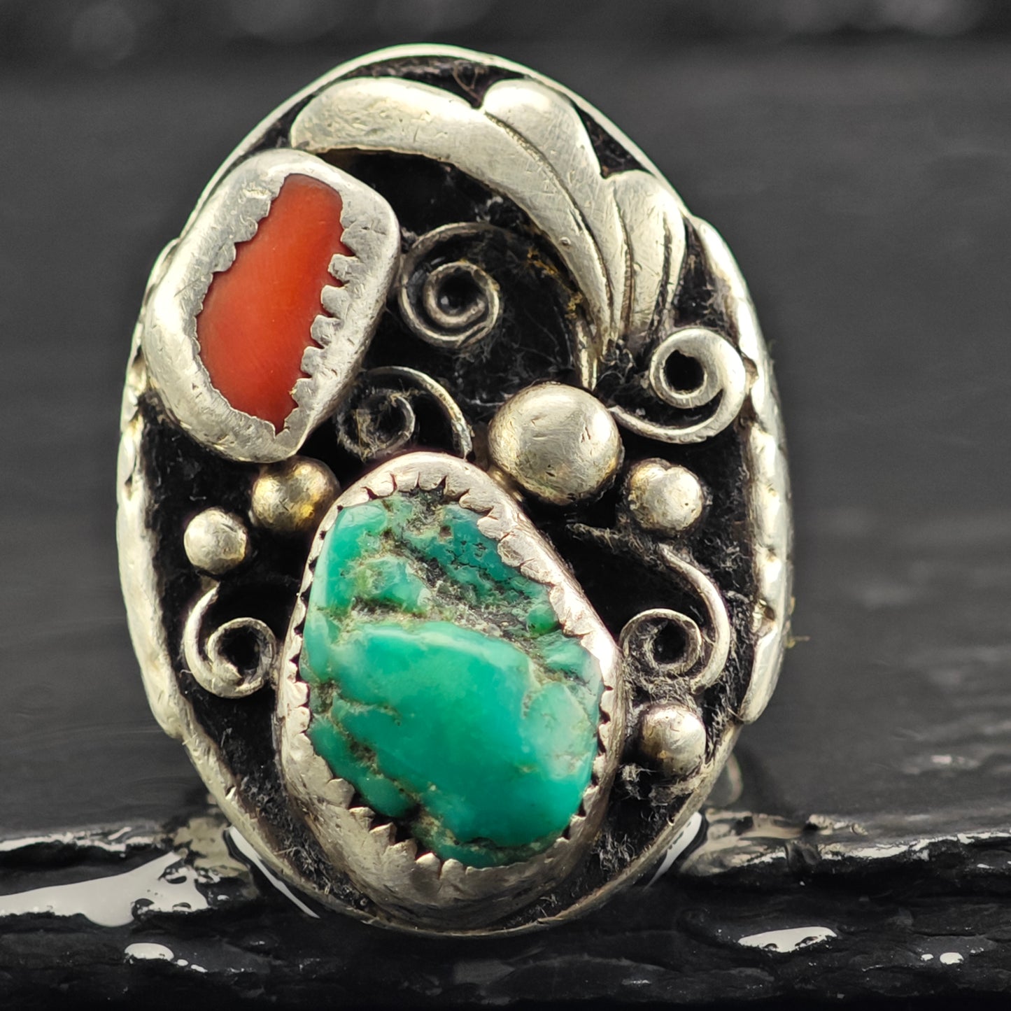 HEAVY Native American Turquoise Coral Ring Sterling Silver Sz 11 R6424