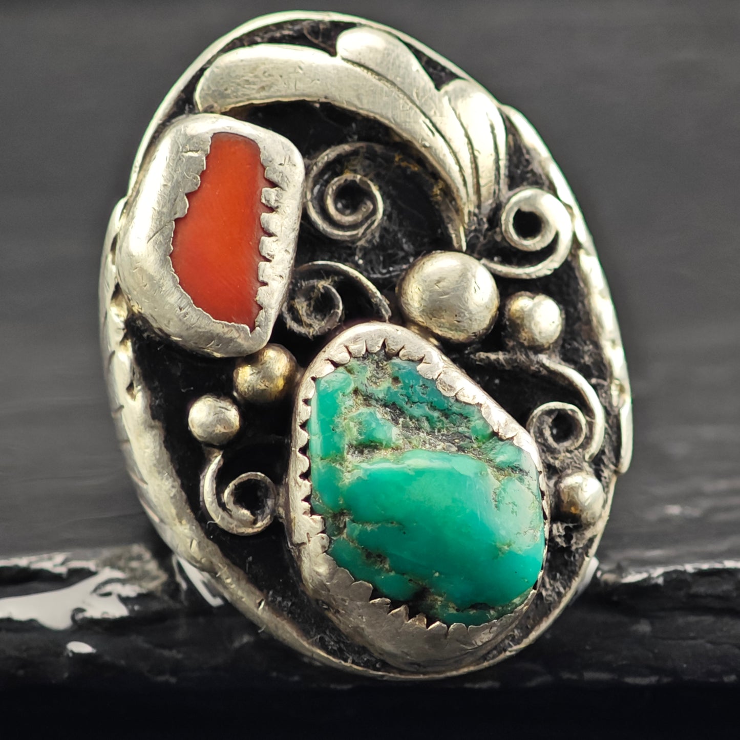 HEAVY Native American Turquoise Coral Ring Sterling Silver Sz 11 R6424