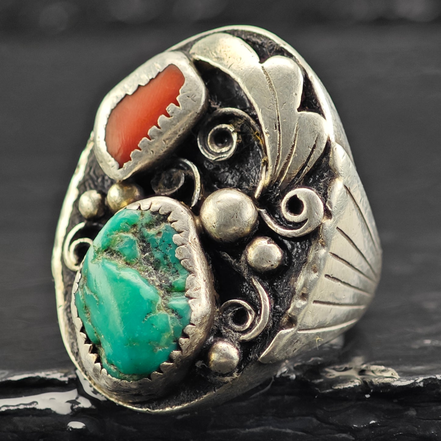 HEAVY Native American Turquoise Coral Ring Sterling Silver Sz 11 R6424
