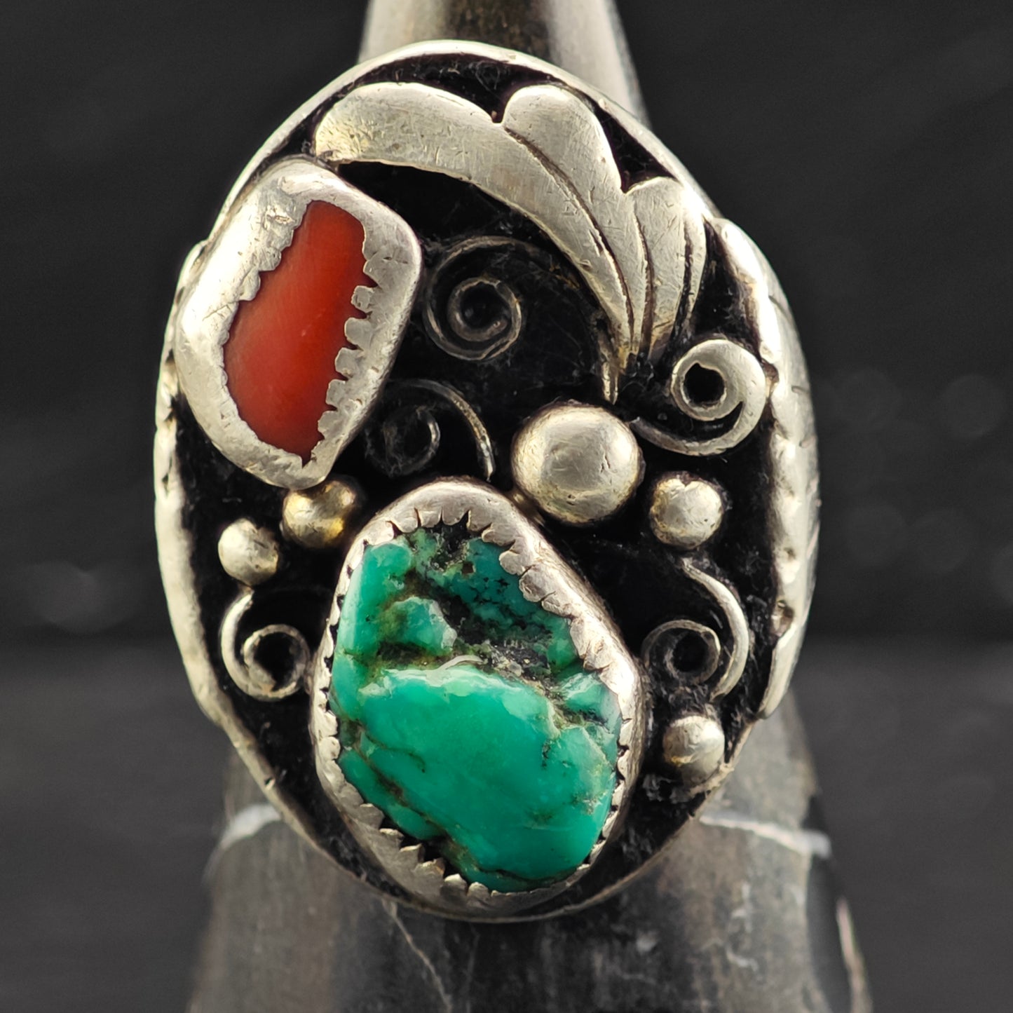 HEAVY Native American Turquoise Coral Ring Sterling Silver Sz 11 R6424