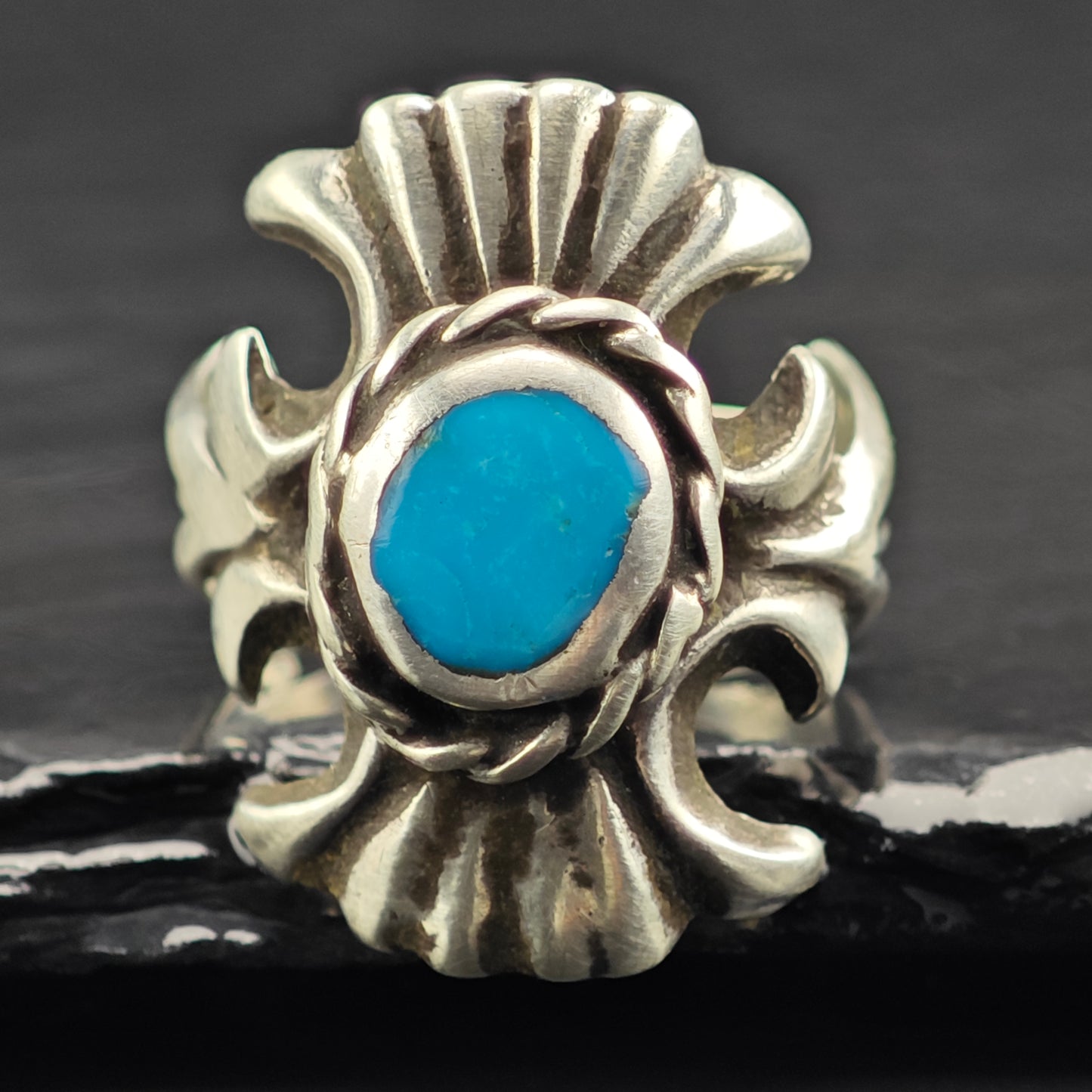 Sw Cast Round Turquoise Ring Sterling Silver Sz 8 R6426