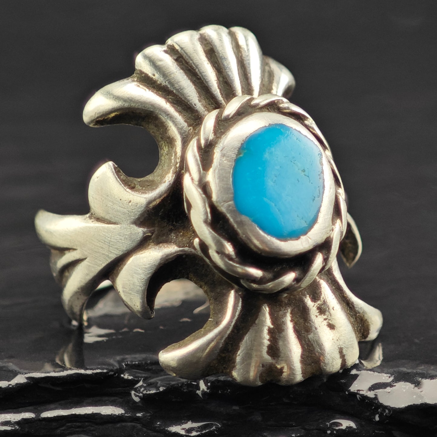 Sw Cast Round Turquoise Ring Sterling Silver Sz 8 R6426