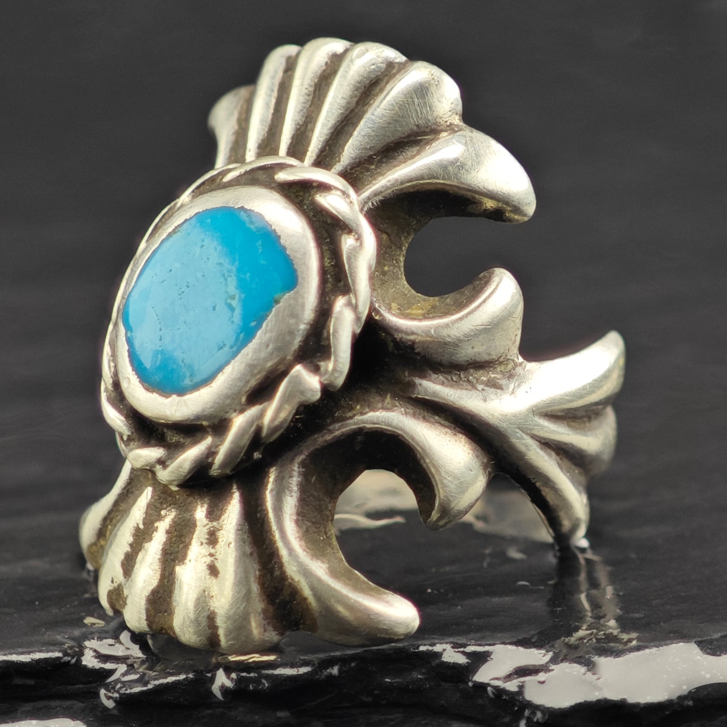 Sw Cast Round Turquoise Ring Sterling Silver Sz 8 R6426