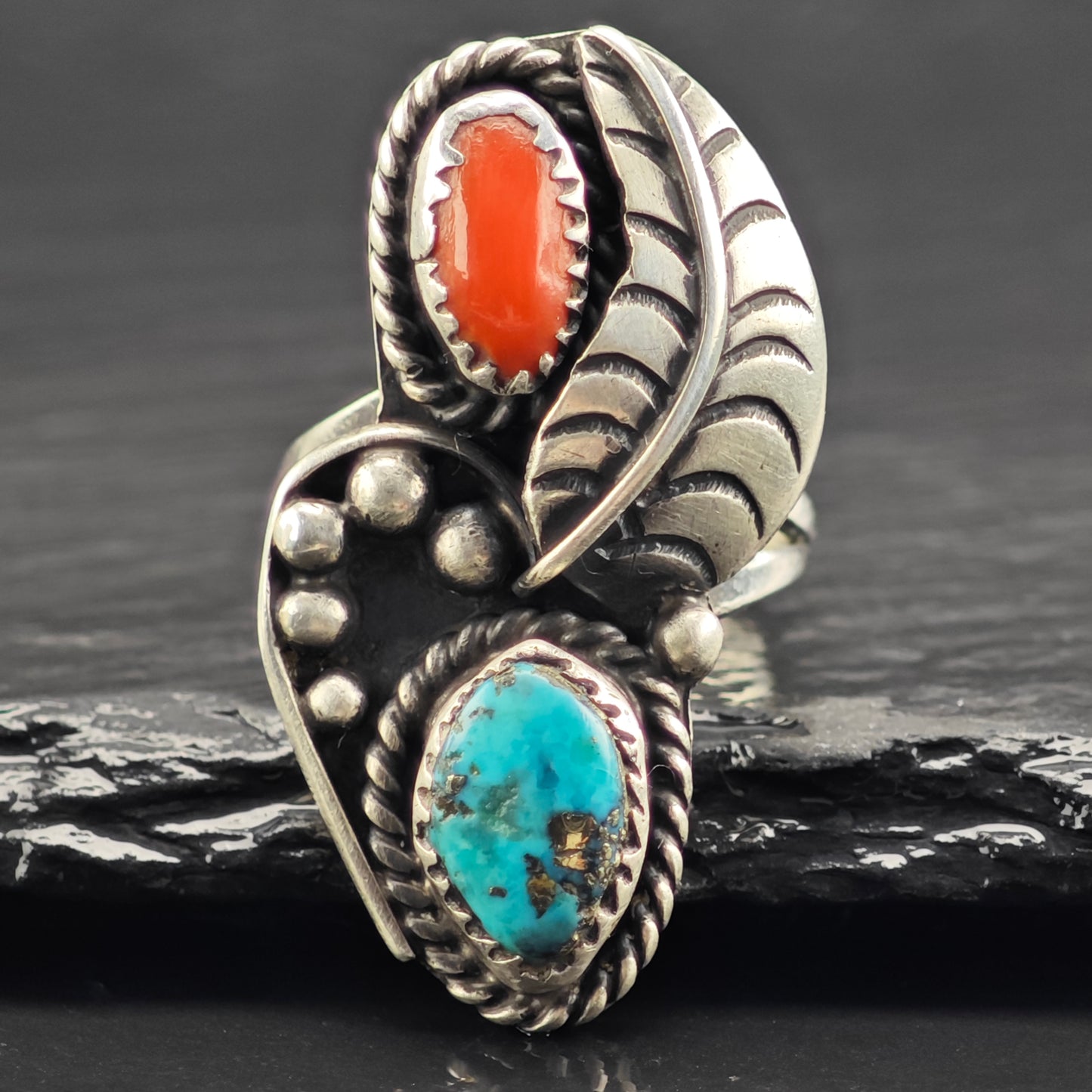 Native American Turquoise Coral Ring Sterling Sterling Sz 7 R6428