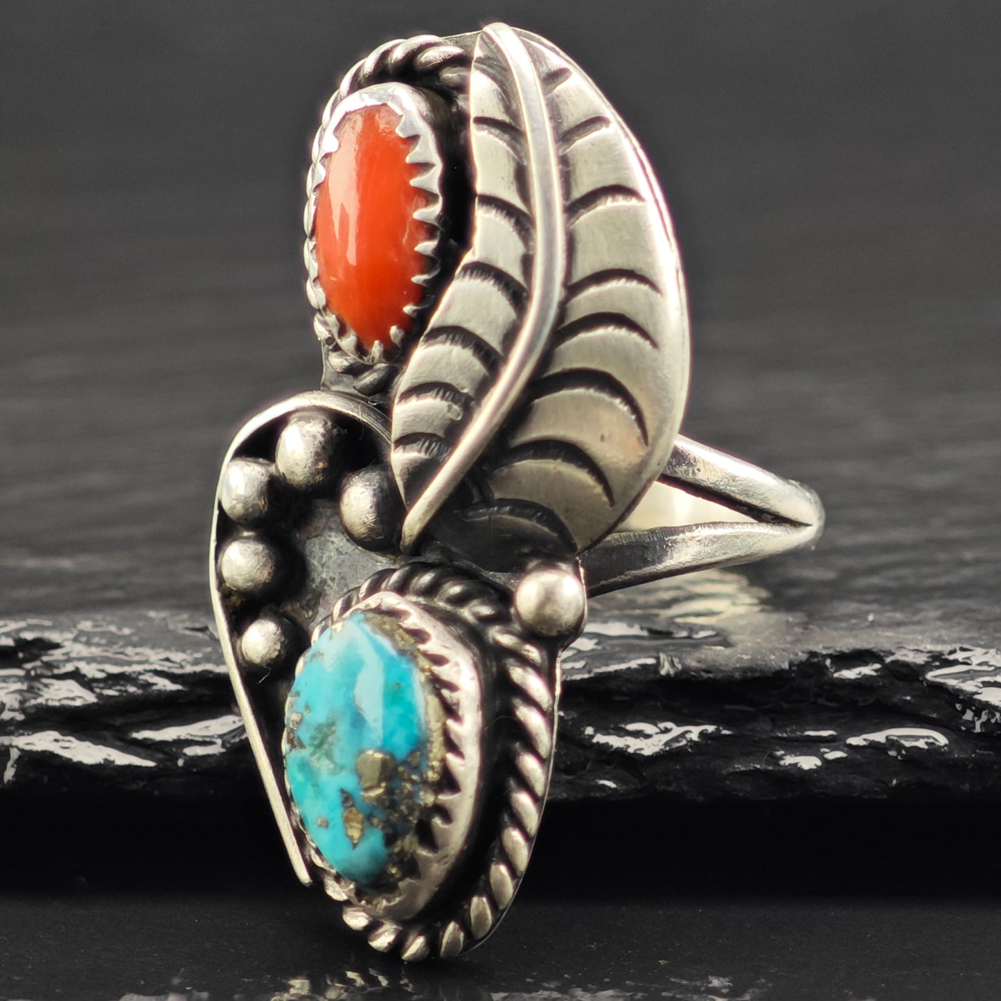 Native American Turquoise Coral Ring Sterling Sterling Sz 7 R6428