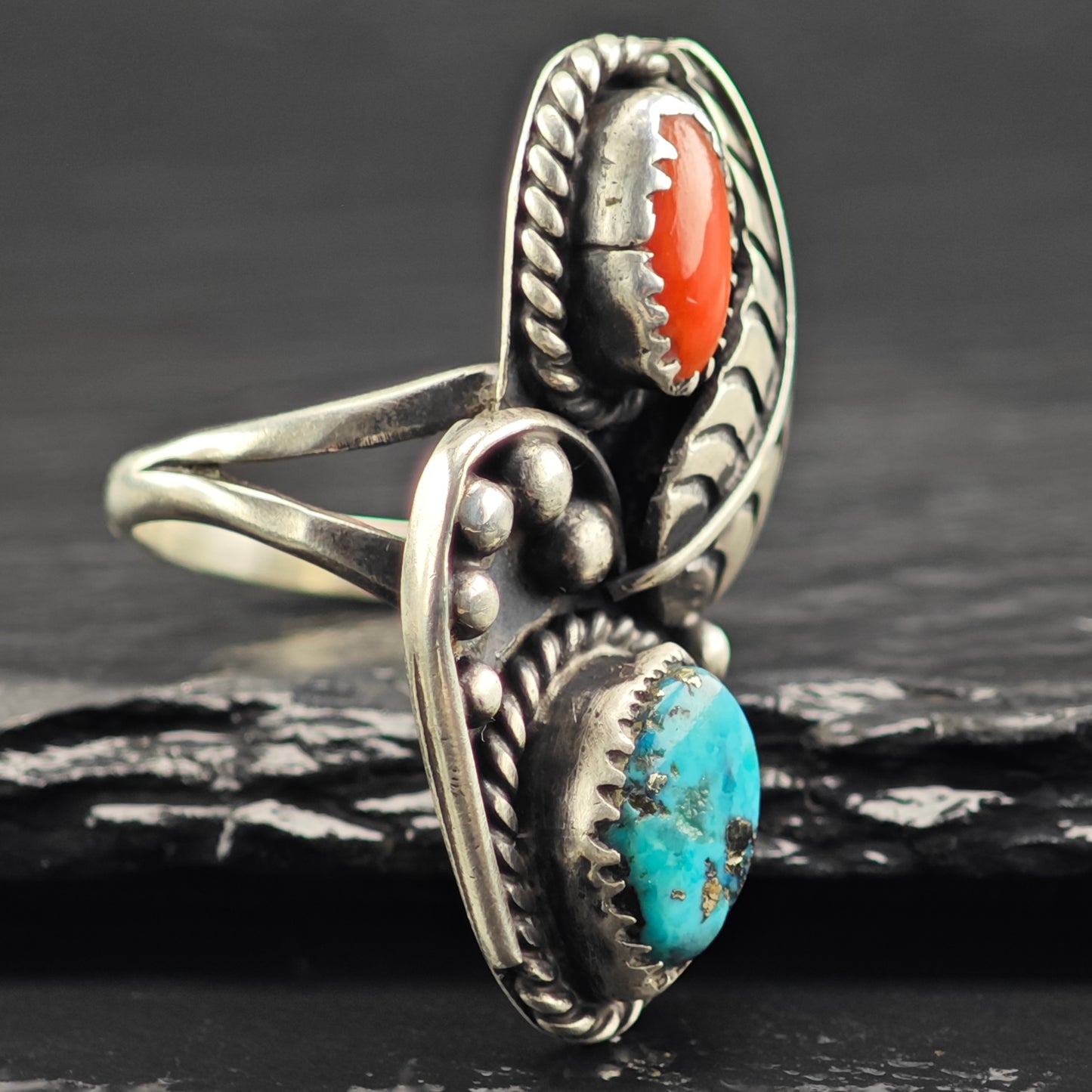 Native American Turquoise Coral Ring Sterling Sterling Sz 7 R6428