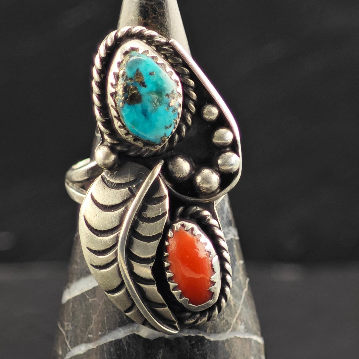 Native American Turquoise Coral Ring Sterling Sterling Sz 7 R6428