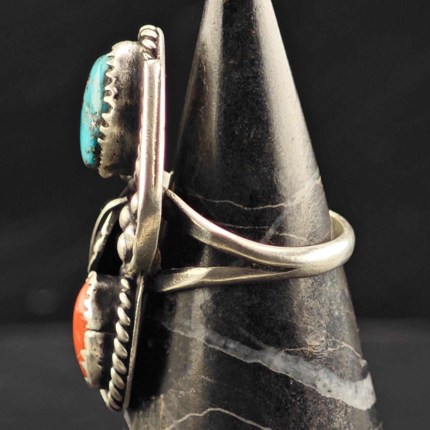 Native American Turquoise Coral Ring Sterling Sterling Sz 7 R6428