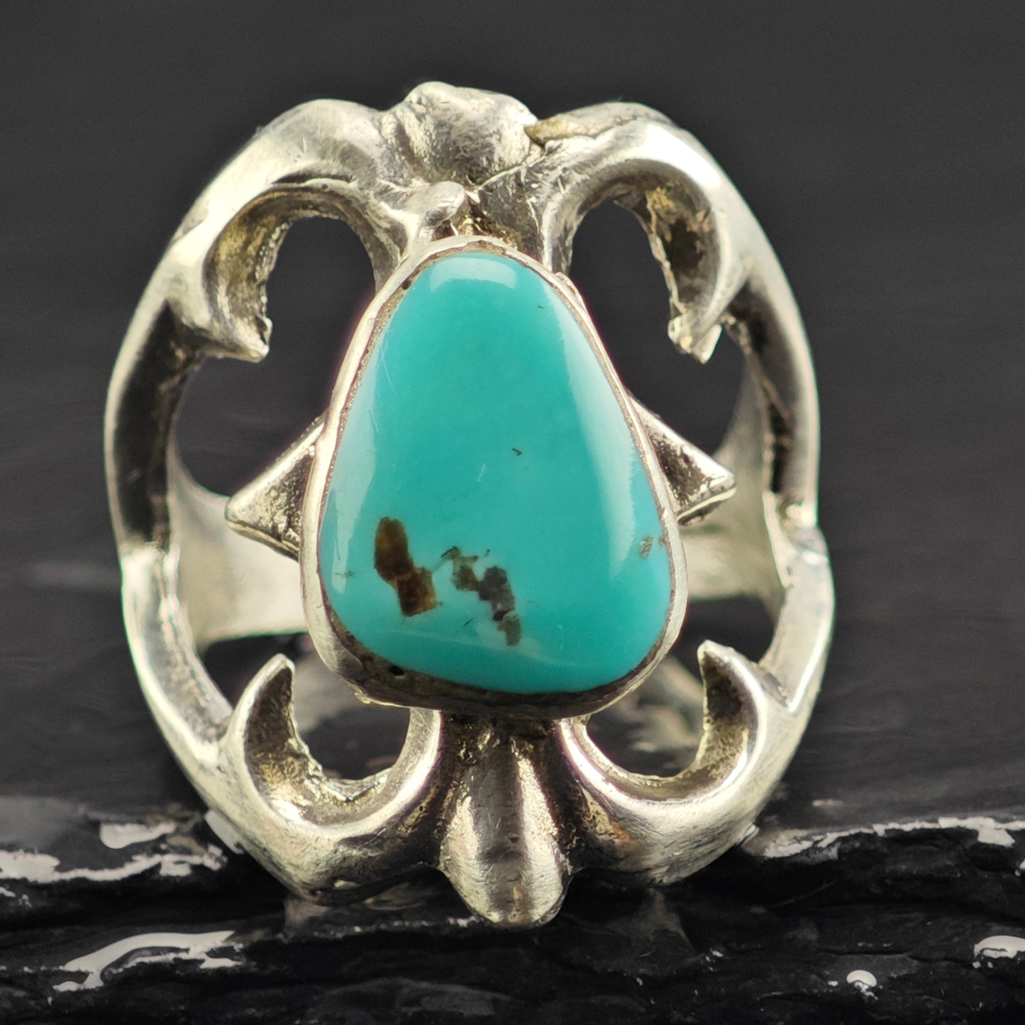 Native American Tufa Cast Turquoise Ring Sterling Silver Sz 8 R6429