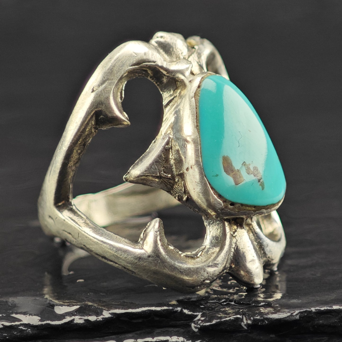 Native American Tufa Cast Turquoise Ring Sterling Silver Sz 8 R6429