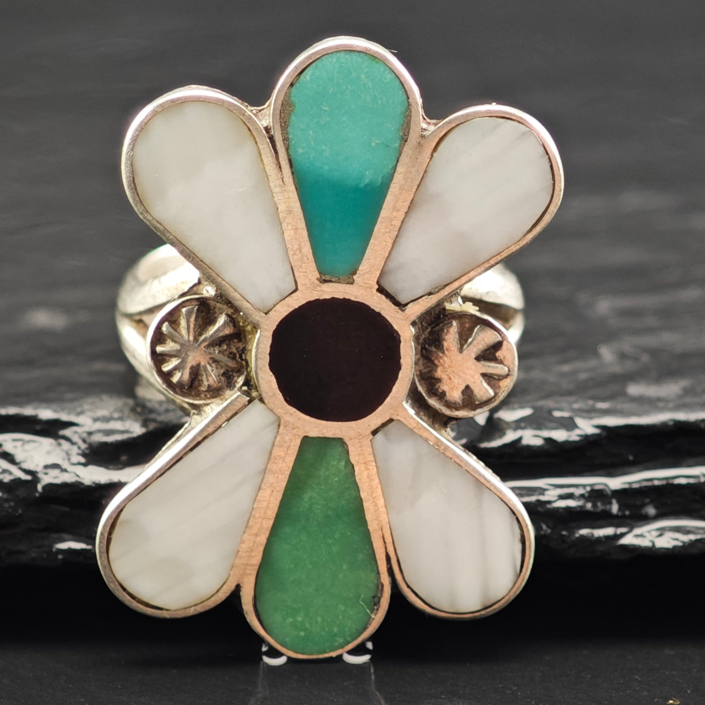 Zuni Turquoise Floral Inlay Ring Sterling Silver Sz 6 R6430