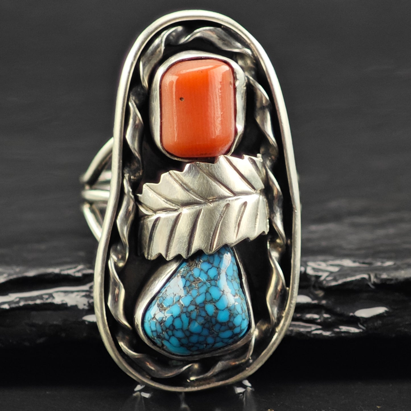 High Grade Turquoise Native American Coral Ring Sterling Silver Sz 7 1/2 R6432