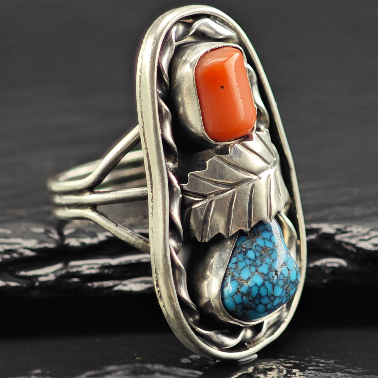 High Grade Turquoise Native American Coral Ring Sterling Silver Sz 7 1/2 R6432