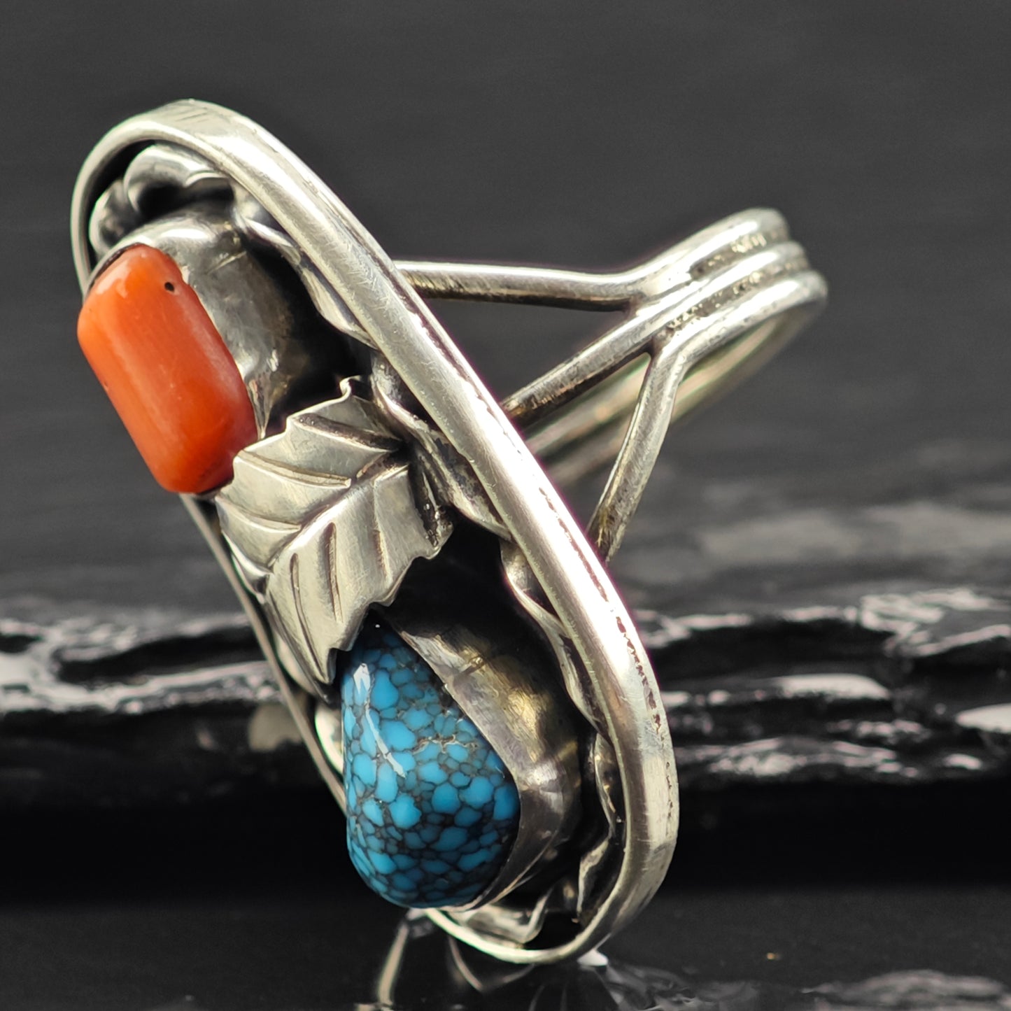 High Grade Turquoise Native American Coral Ring Sterling Silver Sz 7 1/2 R6432