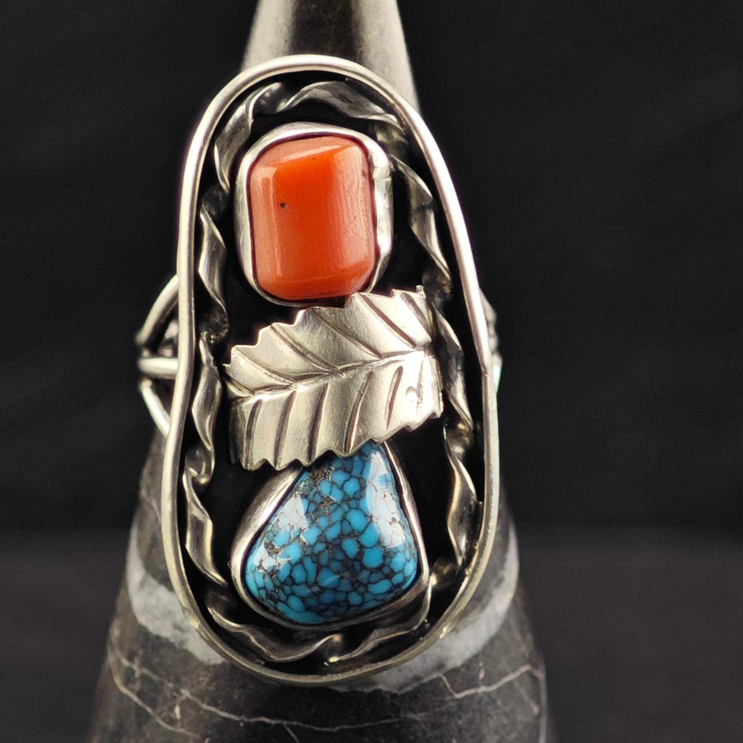 High Grade Turquoise Native American Coral Ring Sterling Silver Sz 7 1/2 R6432