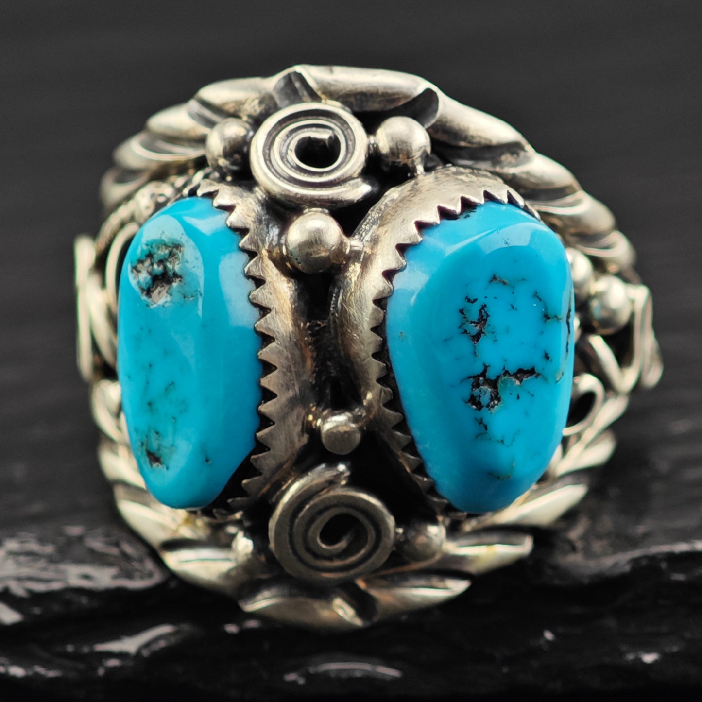 Native American Double Turquoise Ring Sterling Silver Sz 12 1/2 R6437