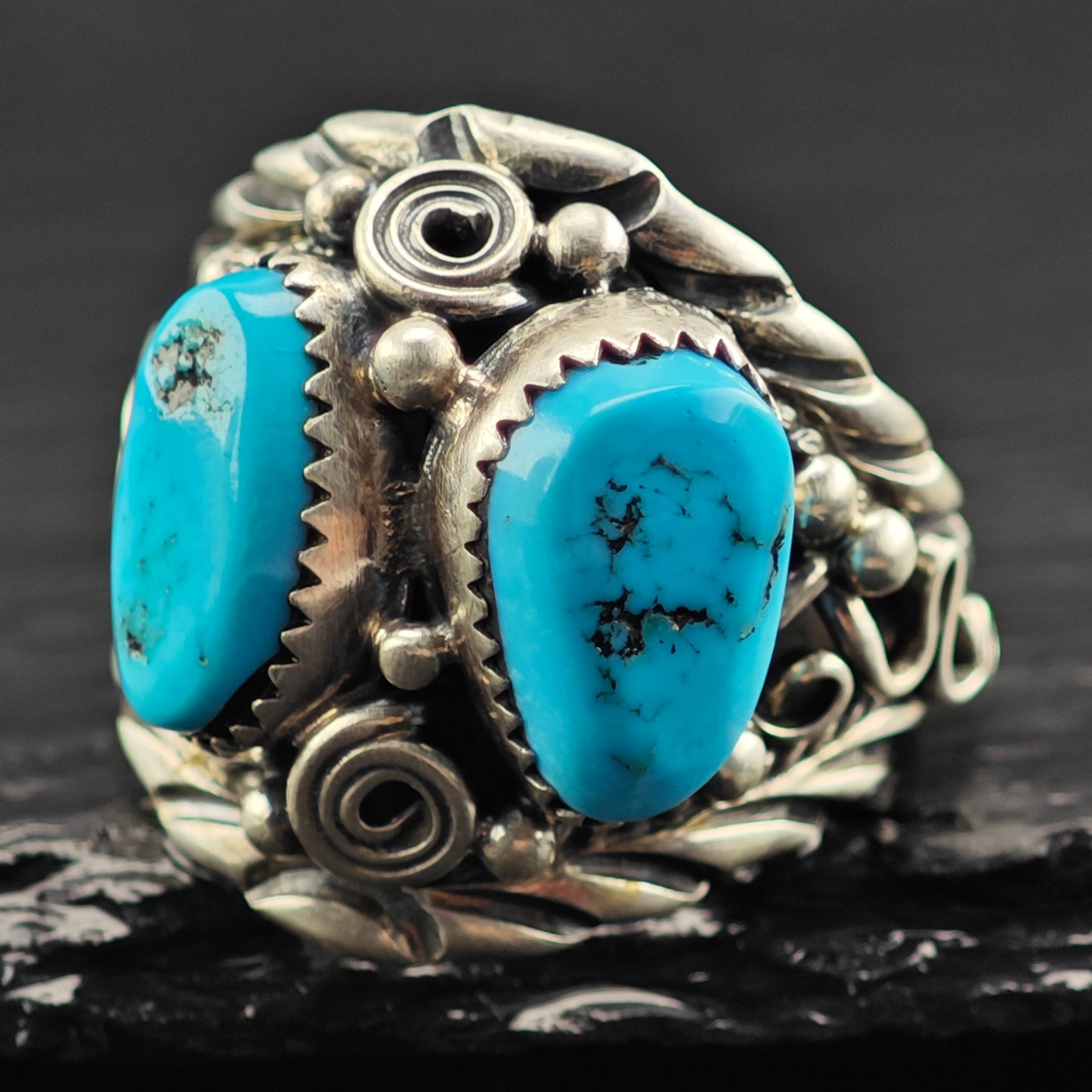 Native American Double Turquoise Ring Sterling Silver Sz 12 1/2 R6437