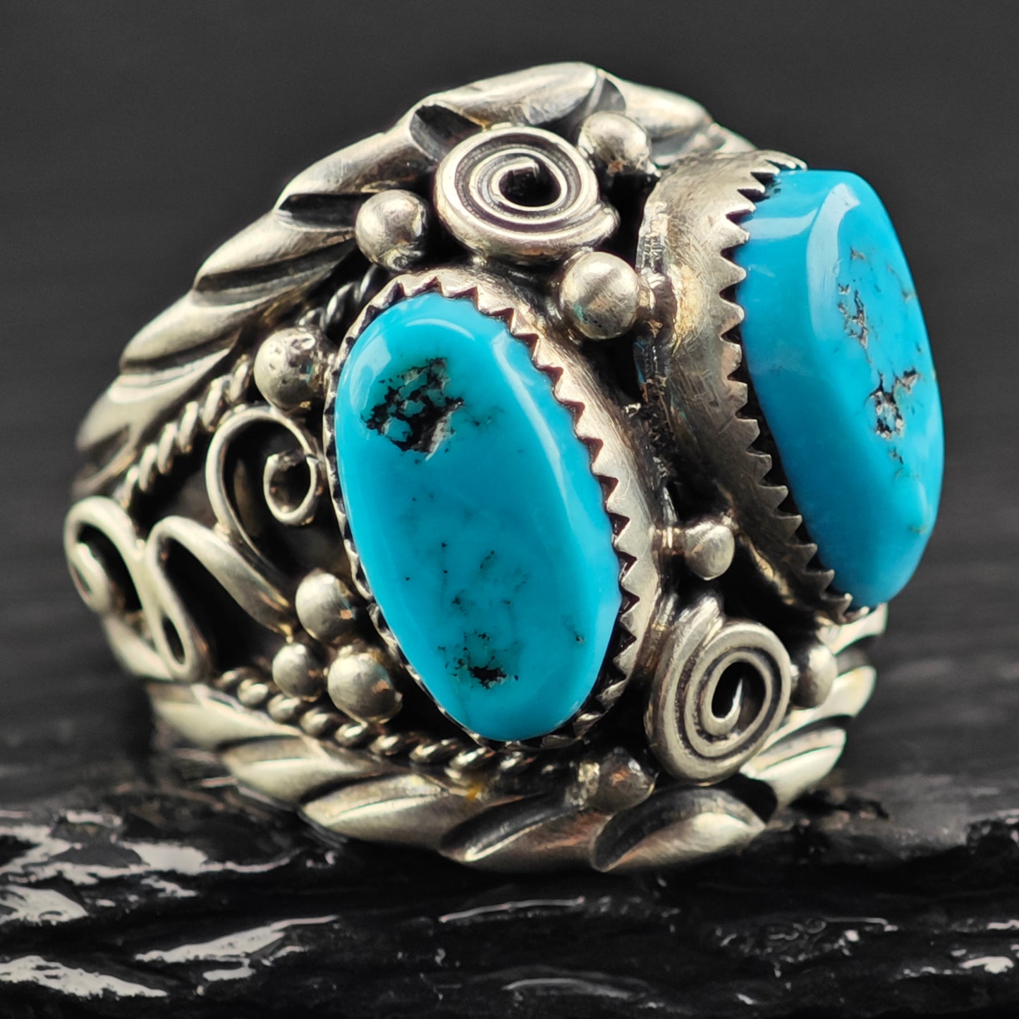 Native American Double Turquoise Ring Sterling Silver Sz 12 1/2 R6437