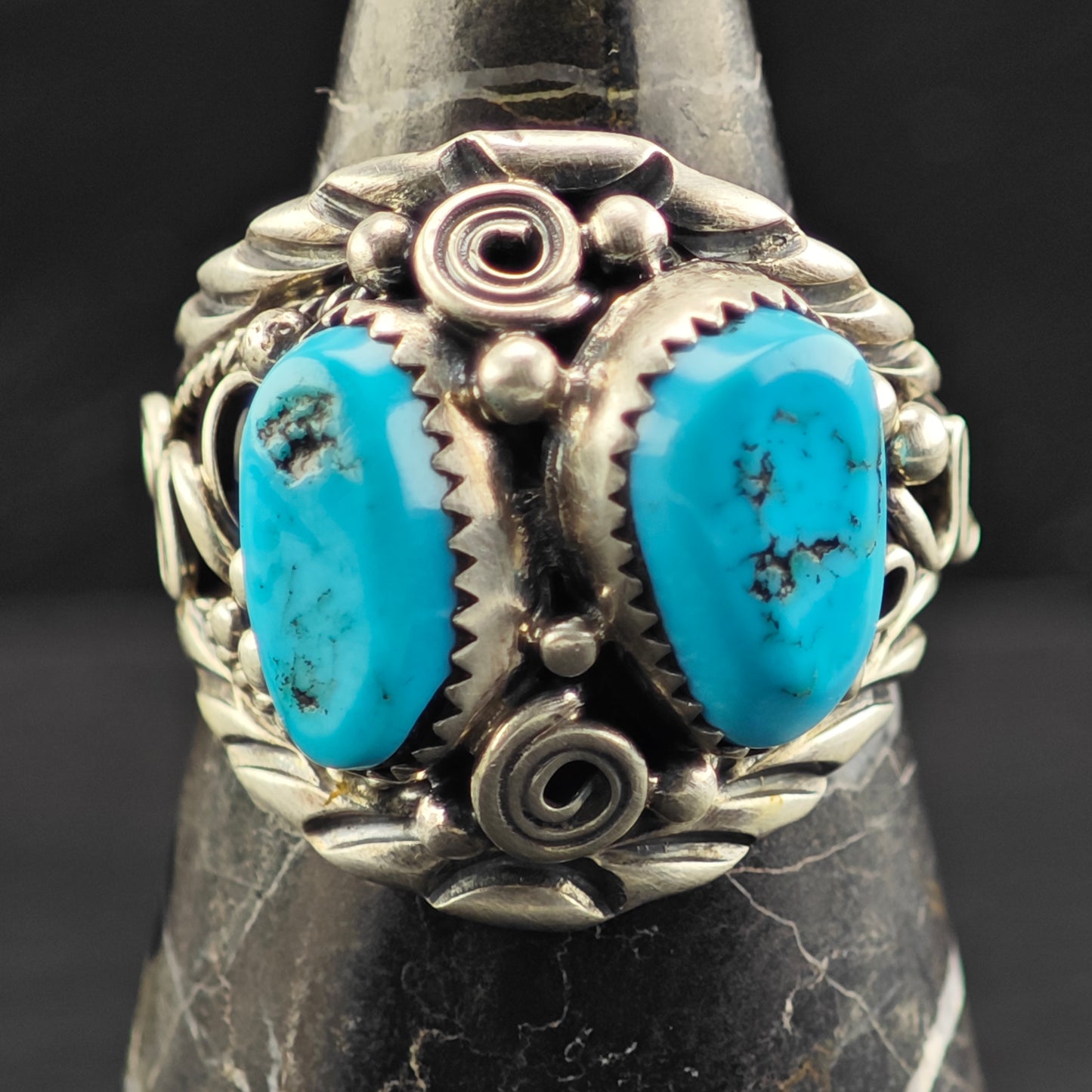 Native American Double Turquoise Ring Sterling Silver Sz 12 1/2 R6437