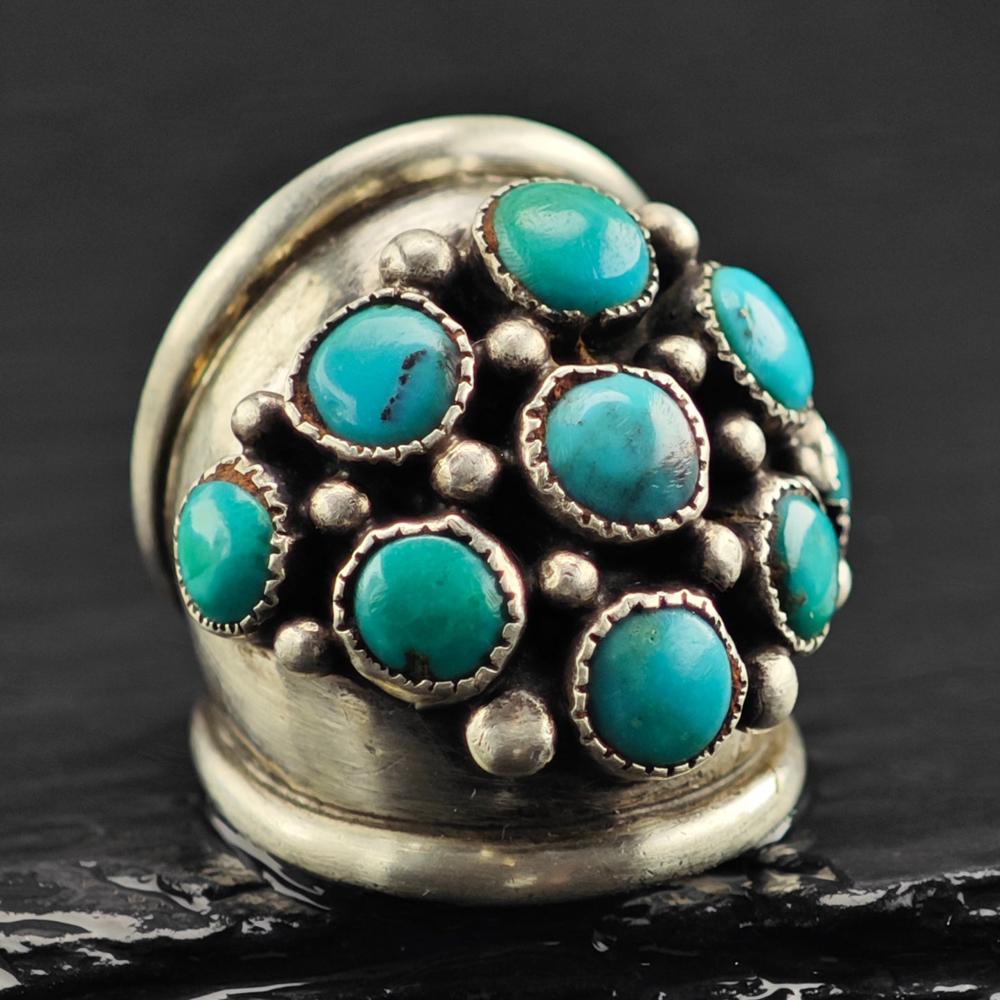 Vintage Native American Turquoise Cluster Ring Sterling Silver Sz 4 1/2 R6438