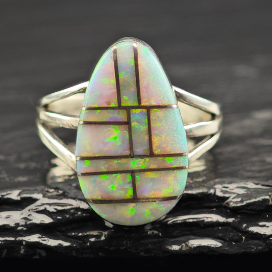 Native American Lab Opal Inlay Ring Sterling Silver Sz 7 1/2 R6439