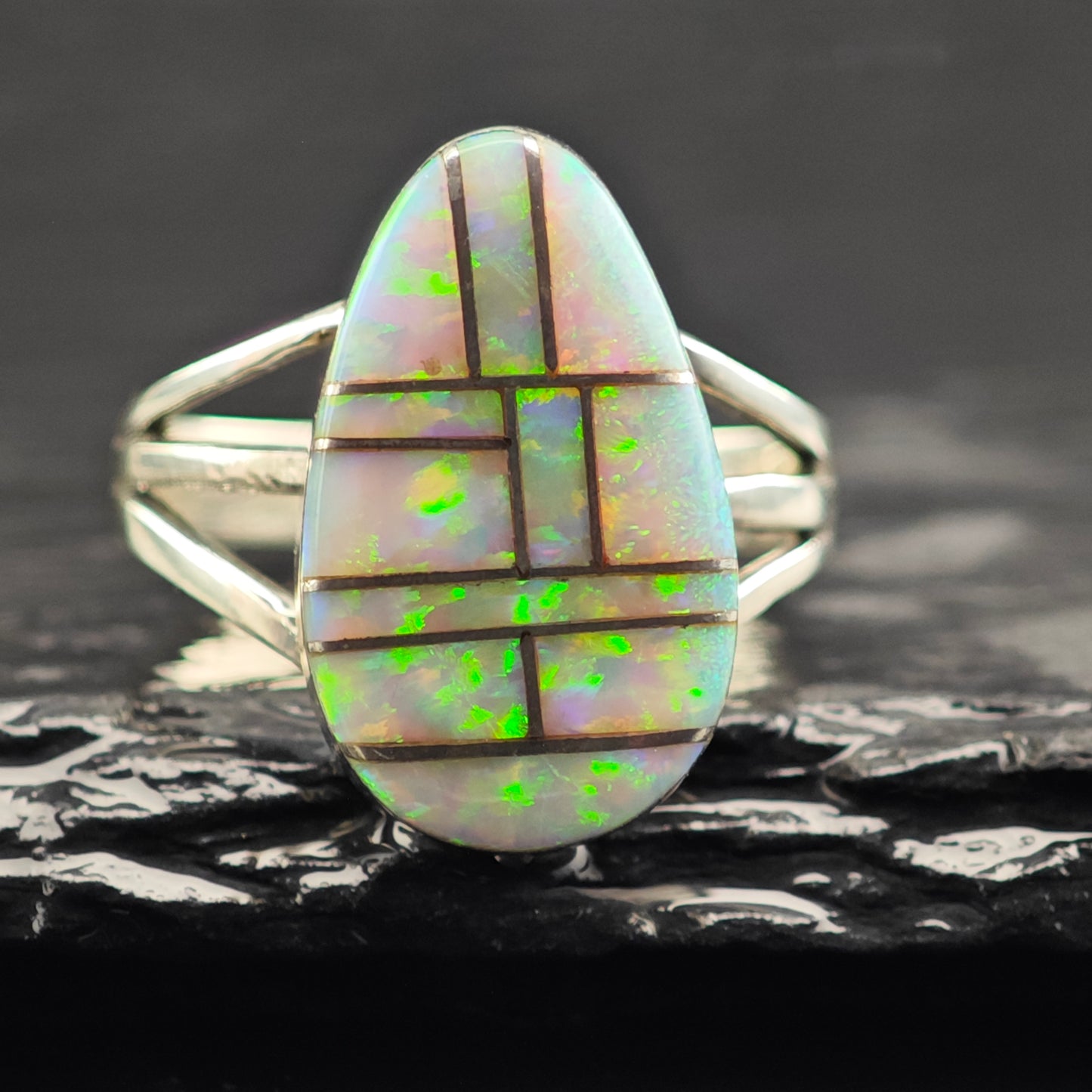 Native American Lab Opal Inlay Ring Sterling Silver Sz 7 1/2 R6439