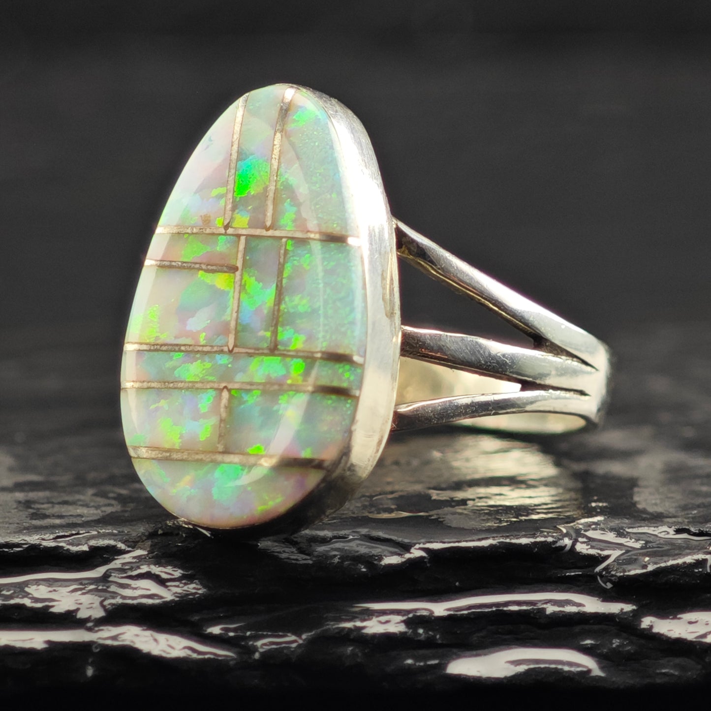 Native American Lab Opal Inlay Ring Sterling Silver Sz 7 1/2 R6439