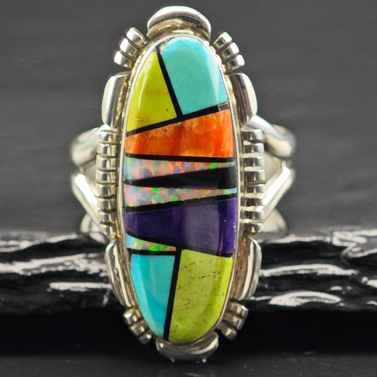 Multi Stone Inlay Ring Sterling Silver Sz 8 R6440