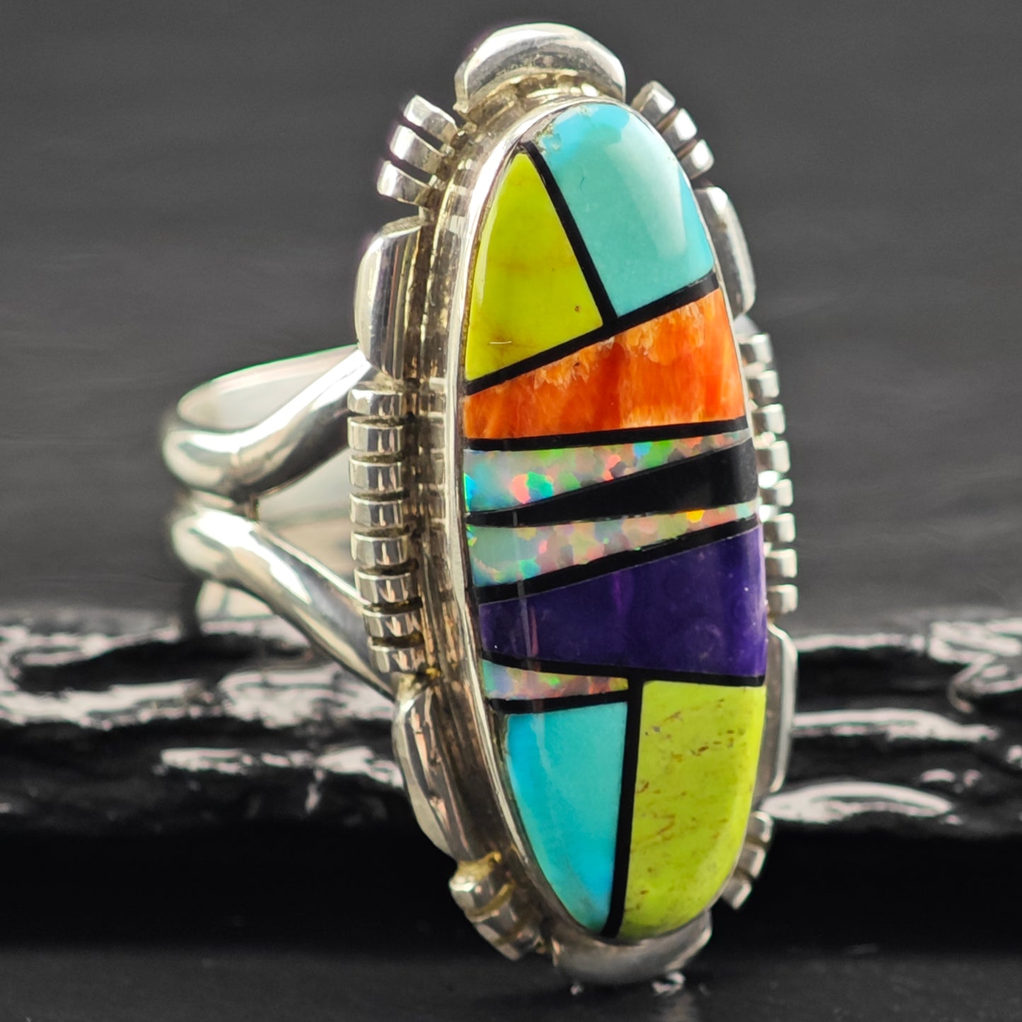Multi Stone Inlay Ring Sterling Silver Sz 8 R6440