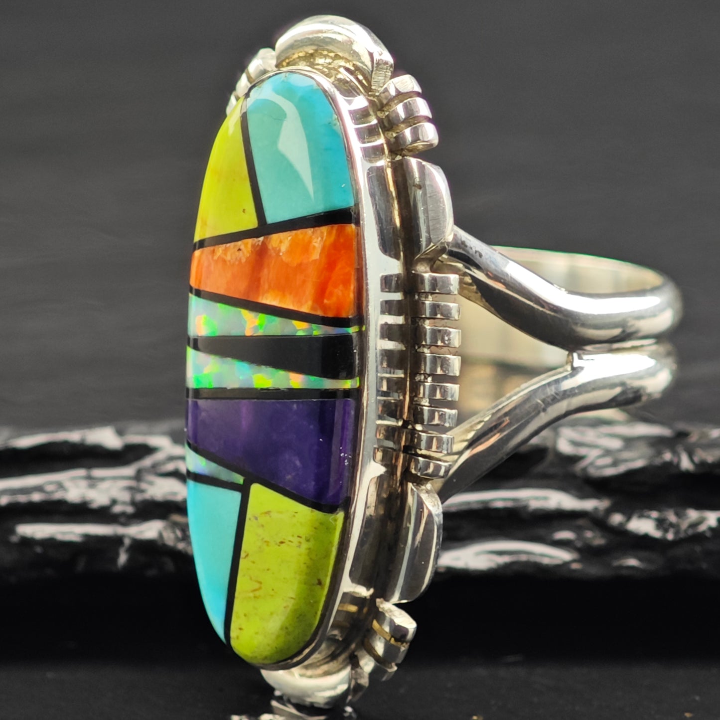 Multi Stone Inlay Ring Sterling Silver Sz 8 R6440