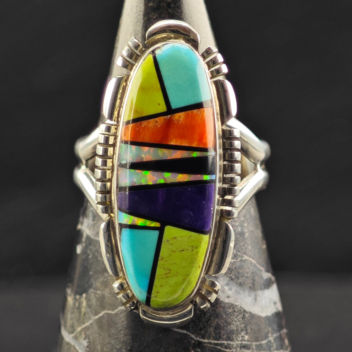 Multi Stone Inlay Ring Sterling Silver Sz 8 R6440