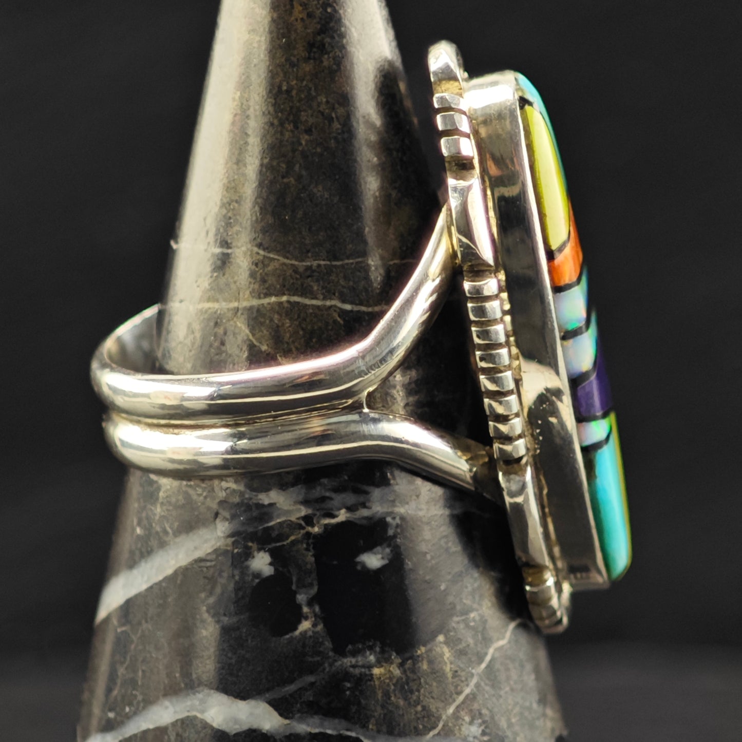 Multi Stone Inlay Ring Sterling Silver Sz 8 R6440