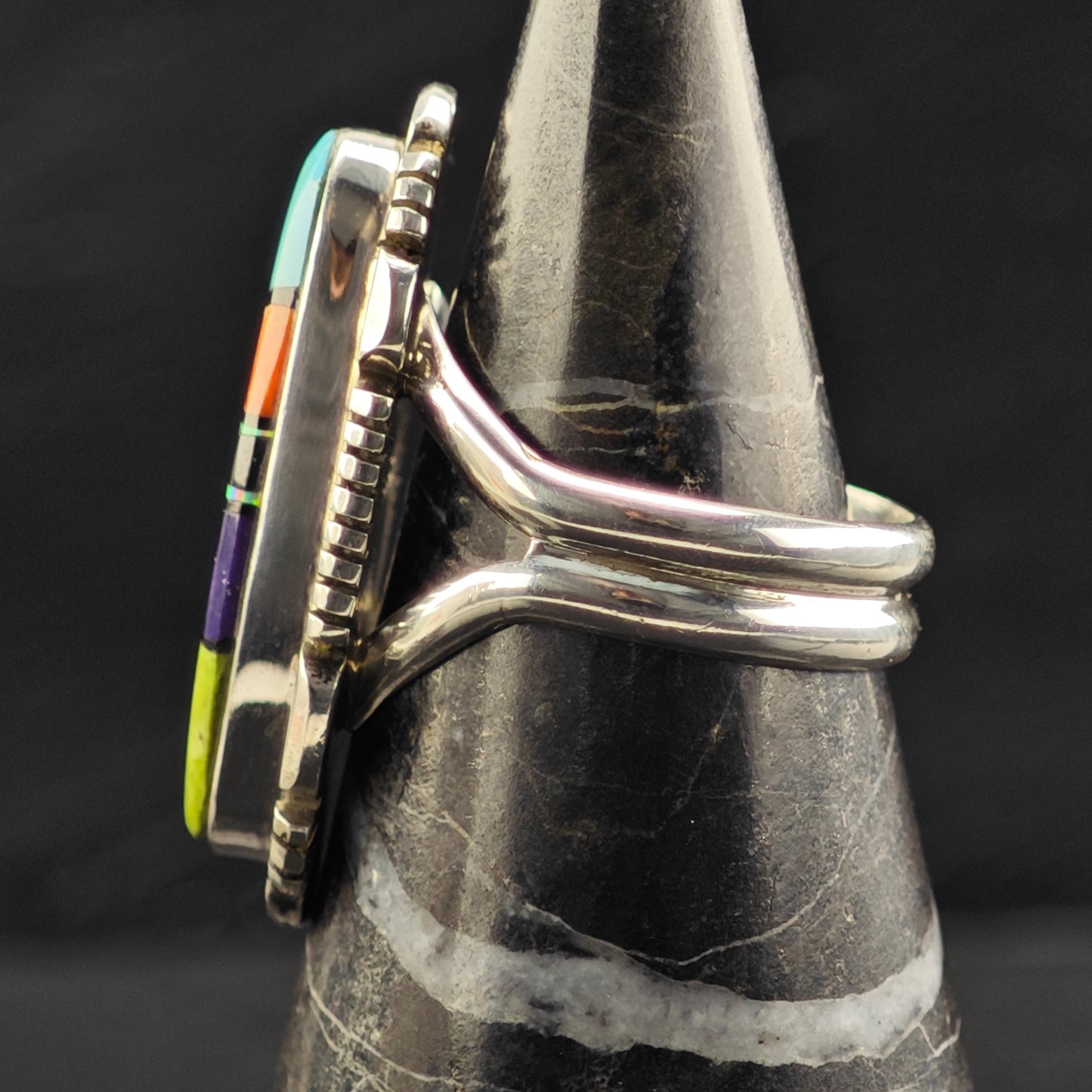 Multi Stone Inlay Ring Sterling Silver Sz 8 R6440