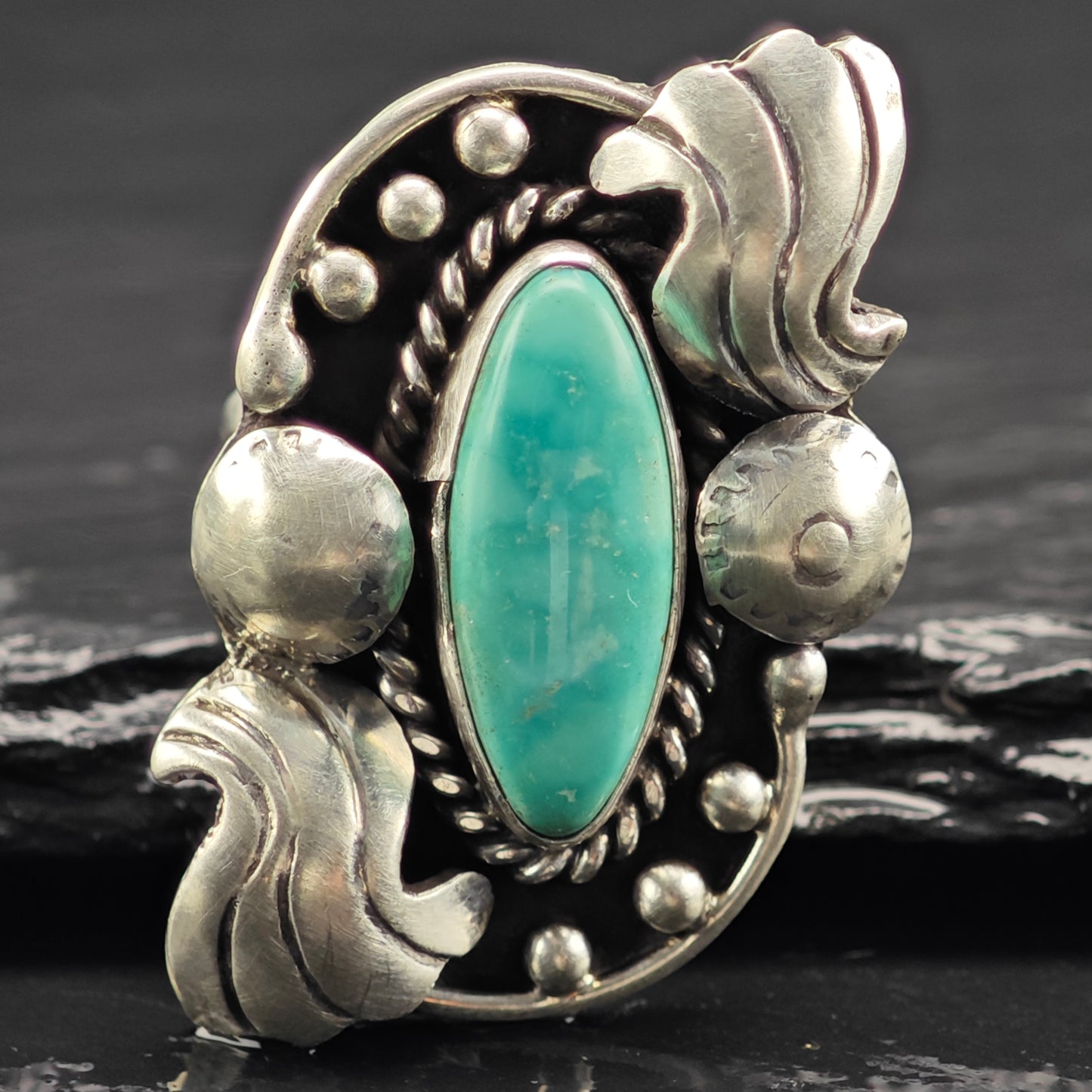 Native American Marquis Turquoise Sterling Silver Sz 7 1/2 R6441