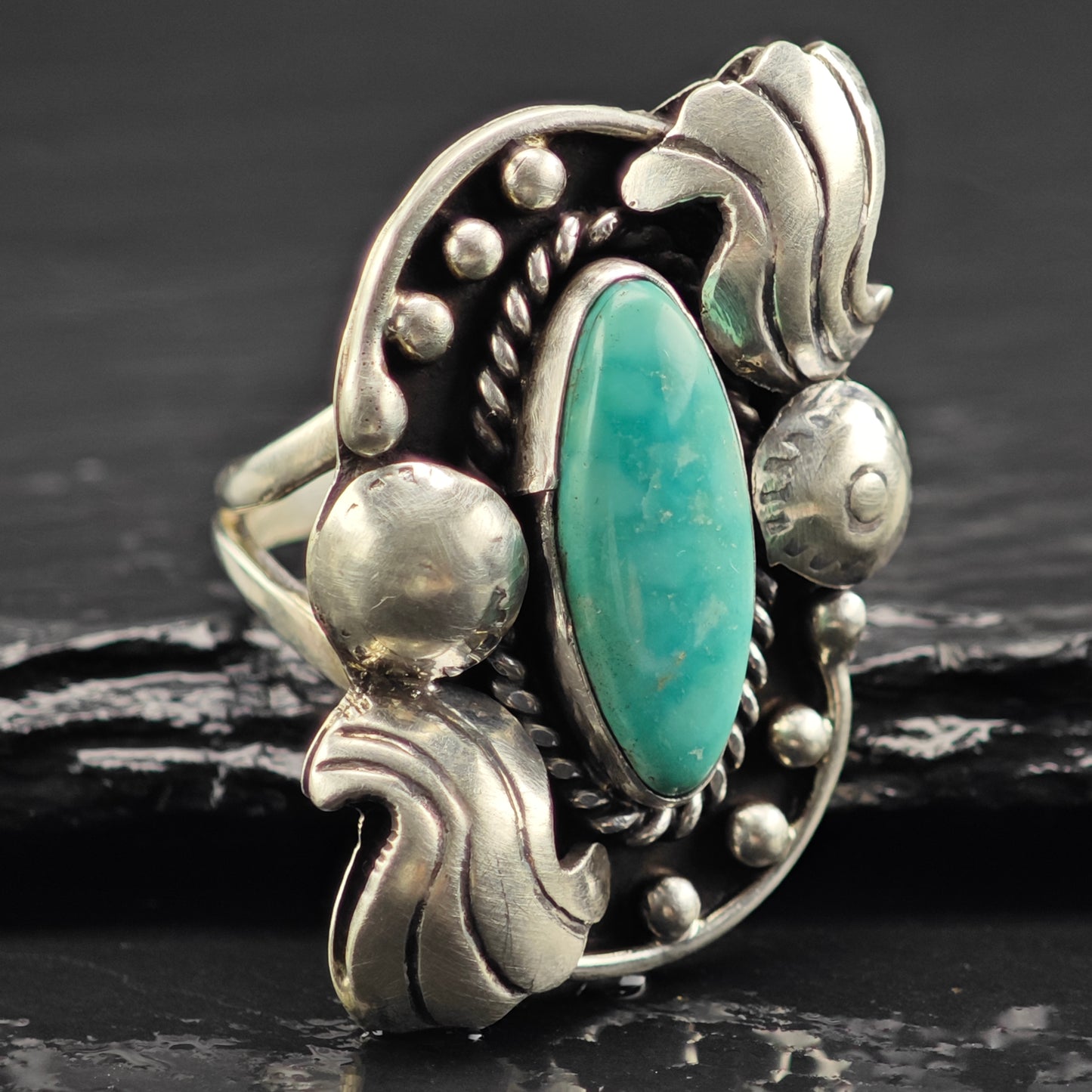 Native American Marquis Turquoise Sterling Silver Sz 7 1/2 R6441