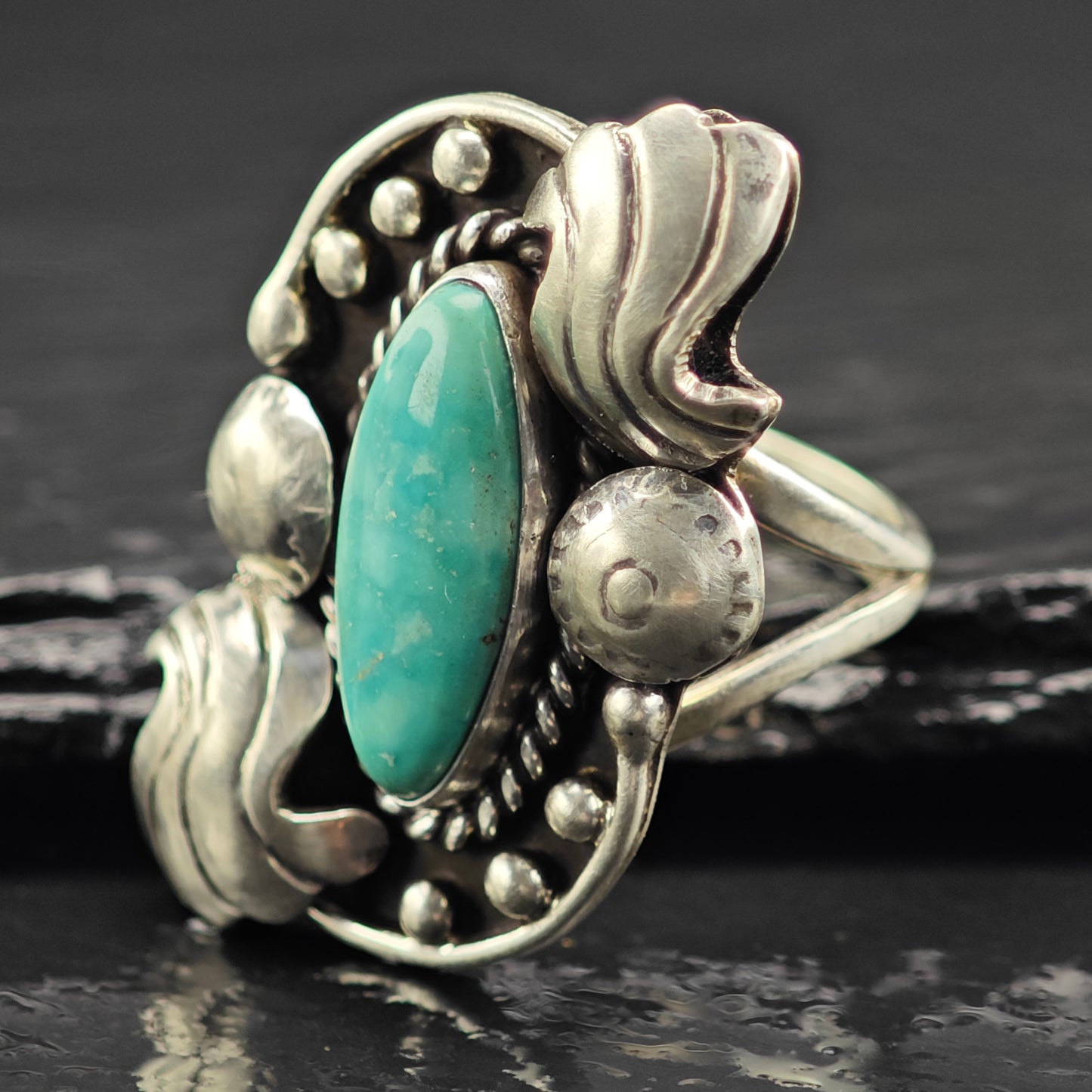 Native American Marquis Turquoise Sterling Silver Sz 7 1/2 R6441