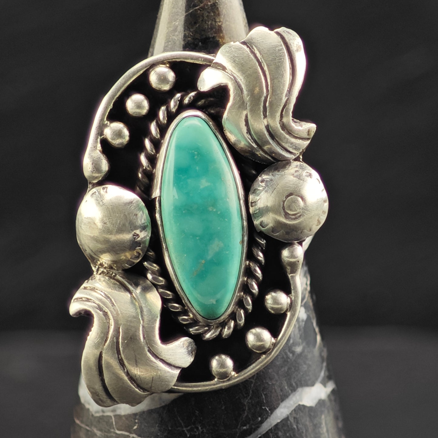 Native American Marquis Turquoise Sterling Silver Sz 7 1/2 R6441