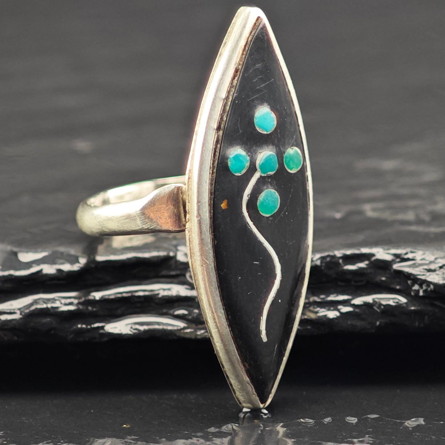 Zuni Turquoise Flower Jet Inlay Ring Sterling Silver Sz 3 R6443