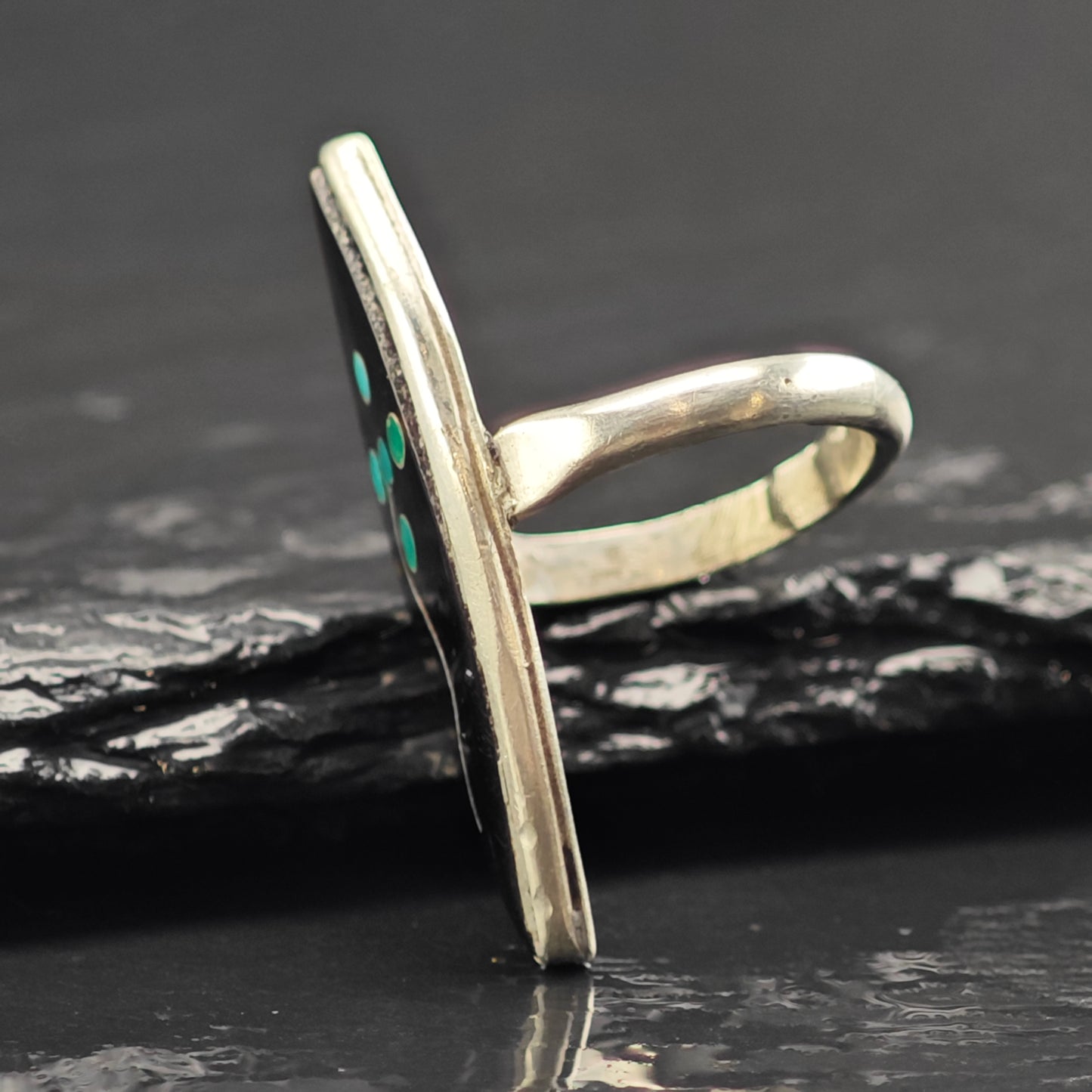 Zuni Turquoise Flower Jet Inlay Ring Sterling Silver Sz 3 R6443