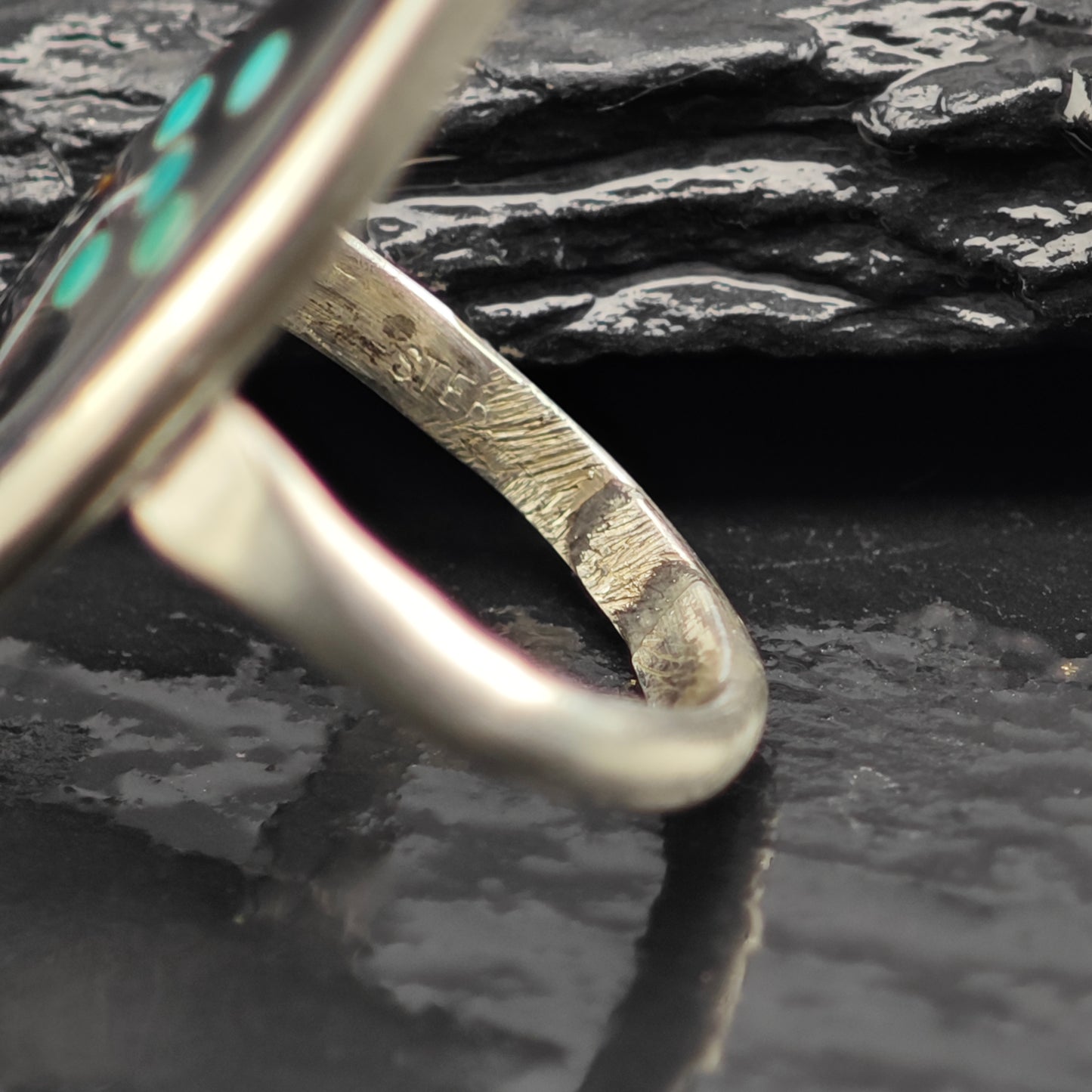 Zuni Turquoise Flower Jet Inlay Ring Sterling Silver Sz 3 R6443