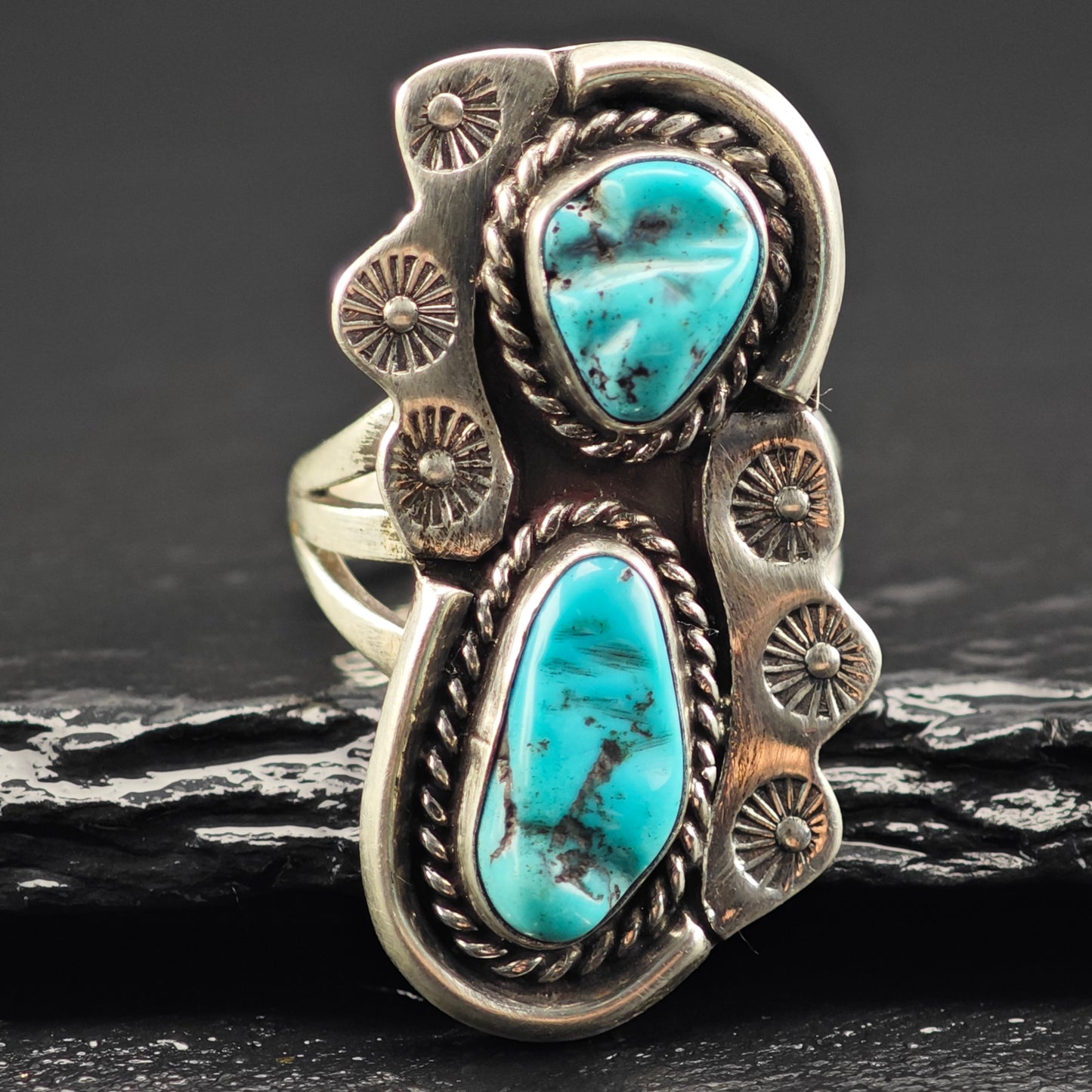 Sw Turquoise Stamped Sun Design Ring Sterling Silver Sz 7 R6444