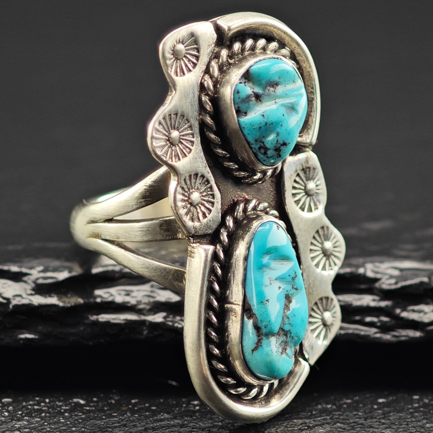 Sw Turquoise Stamped Sun Design Ring Sterling Silver Sz 7 R6444