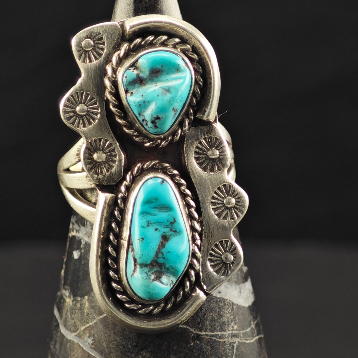Sw Turquoise Stamped Sun Design Ring Sterling Silver Sz 7 R6444