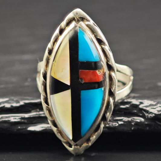Sw Marquis Shaped Inlay Ring Sterling Silver Sz 7 R6445