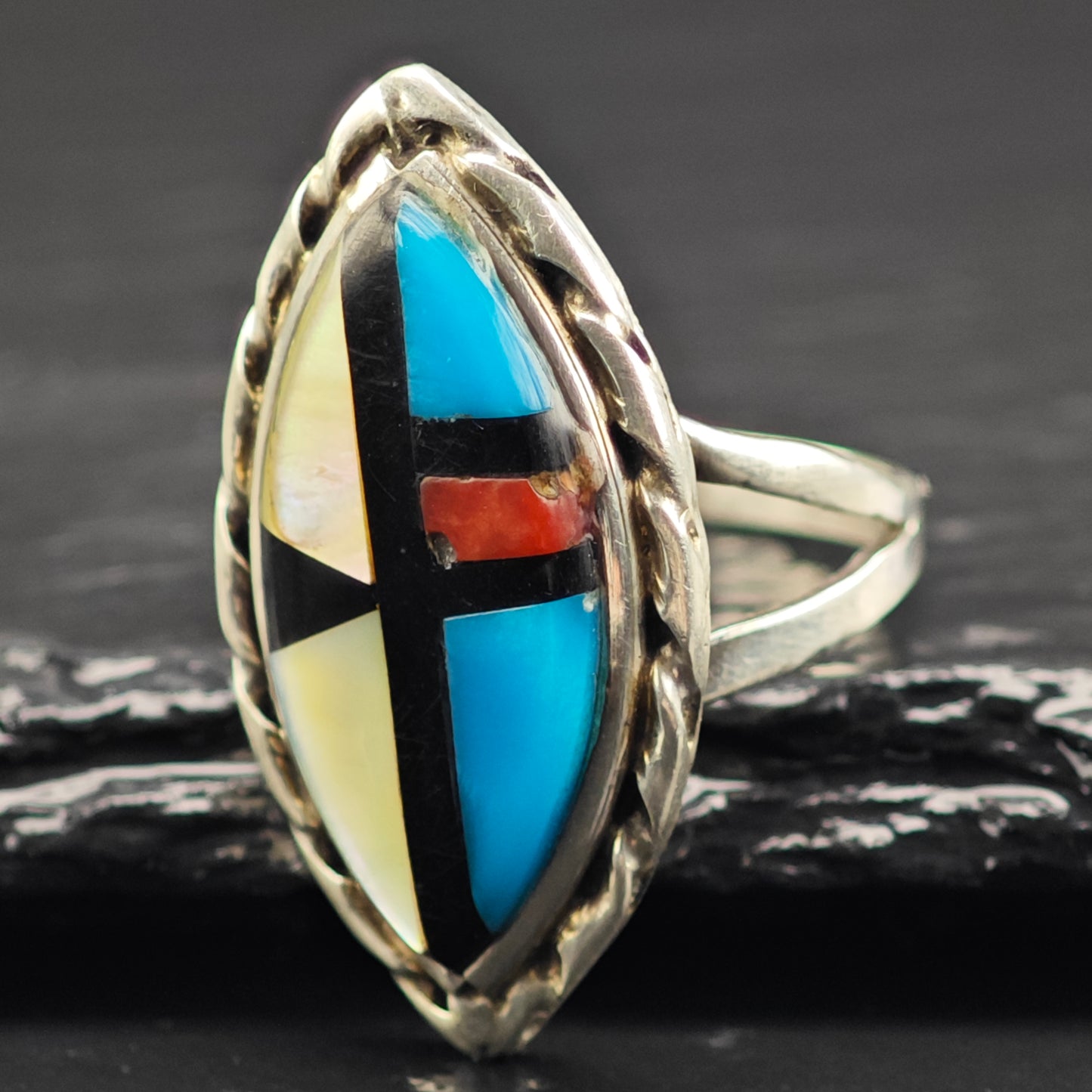 Sw Marquis Shaped Inlay Ring Sterling Silver Sz 7 R6445