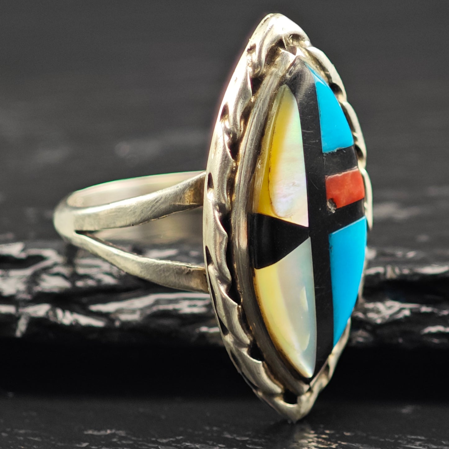 Sw Marquis Shaped Inlay Ring Sterling Silver Sz 7 R6445