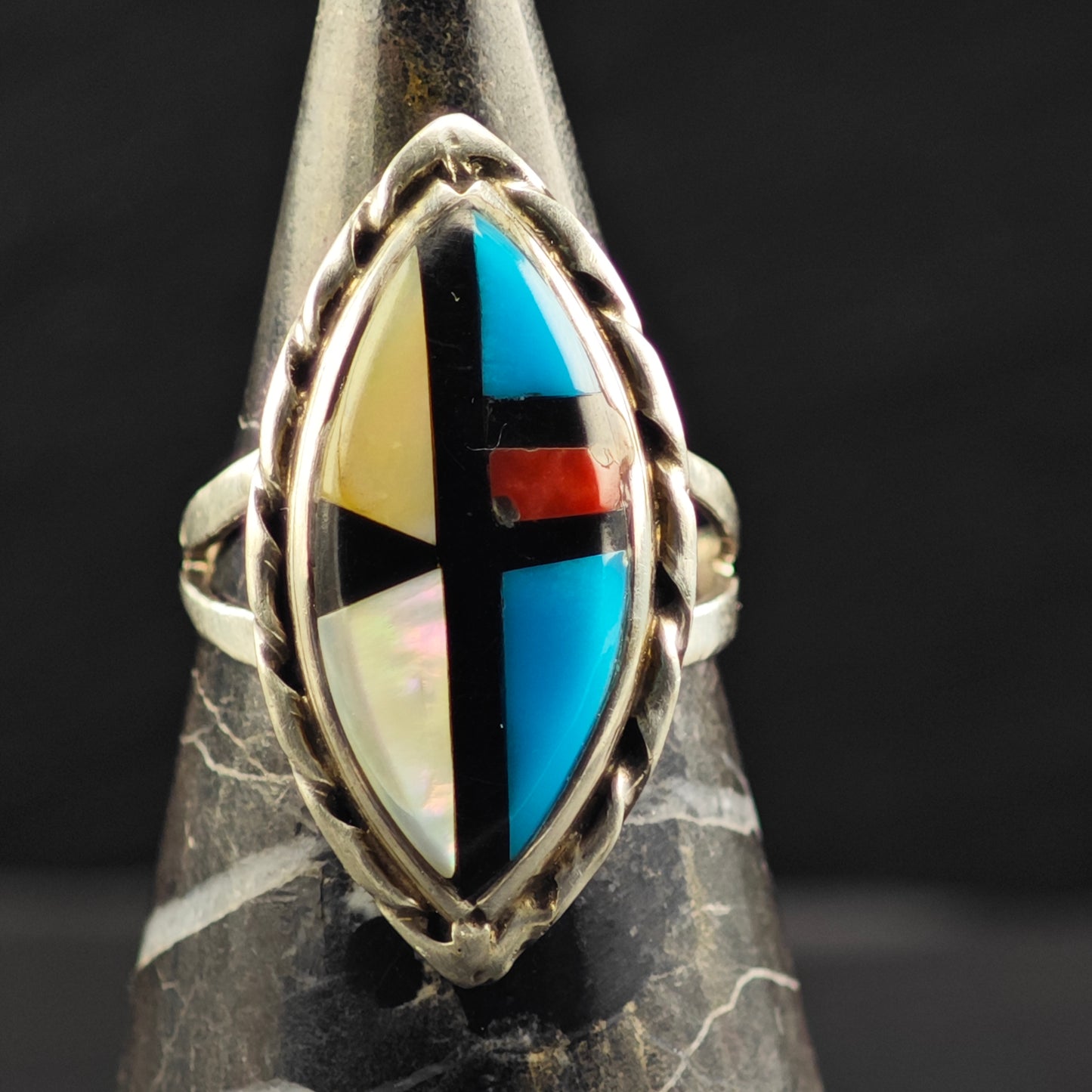 Sw Marquis Shaped Inlay Ring Sterling Silver Sz 7 R6445