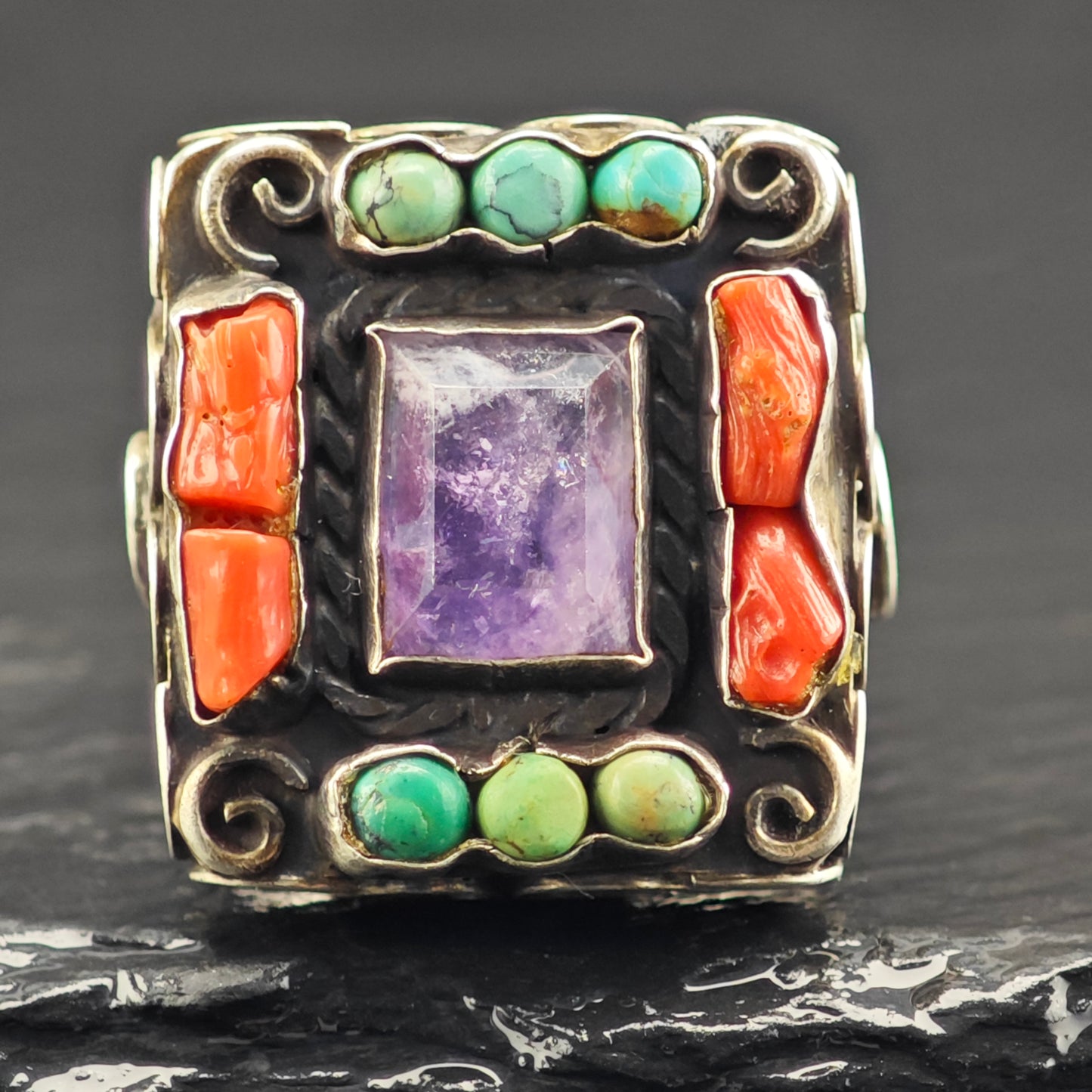 Taxco Amethyst Turquoise Ring Sterling Silver Sz 7 1/2 R6448